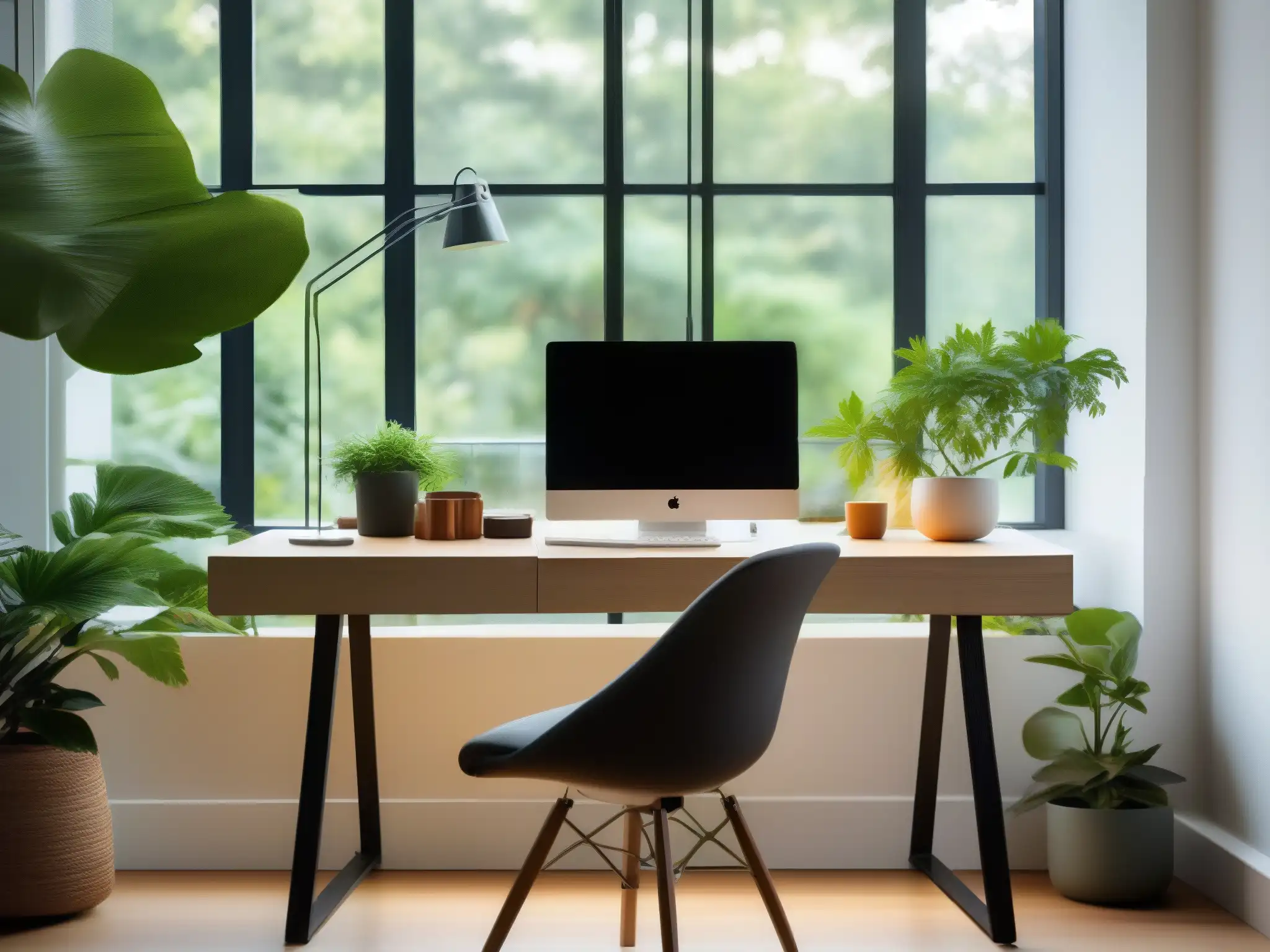 Espacio de trabajo sereno con vista al jardín Un espacio de trabajo sereno y minimalista con un escritorio ergonómico y una silla cerca de una ventana amplia que da a un jardín tranquilo