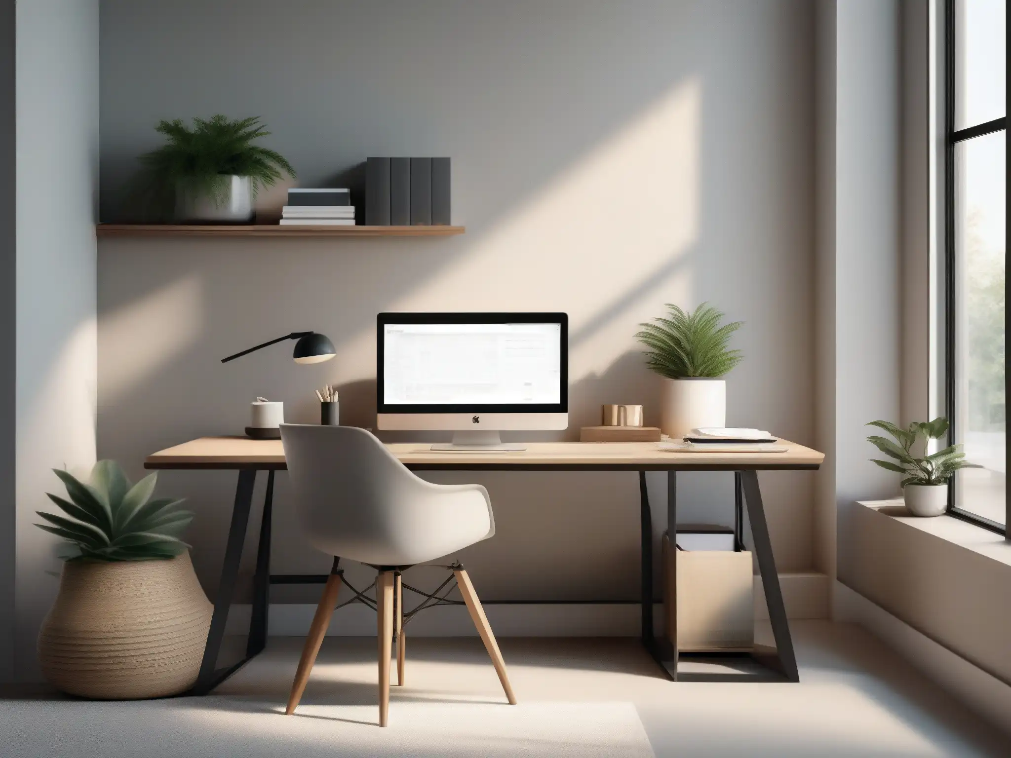 Espacio de trabajo sereno y minimalista en 8k Un espacio de trabajo sereno y minimalista, ideal para desconectarte de videoconferencias trabajo