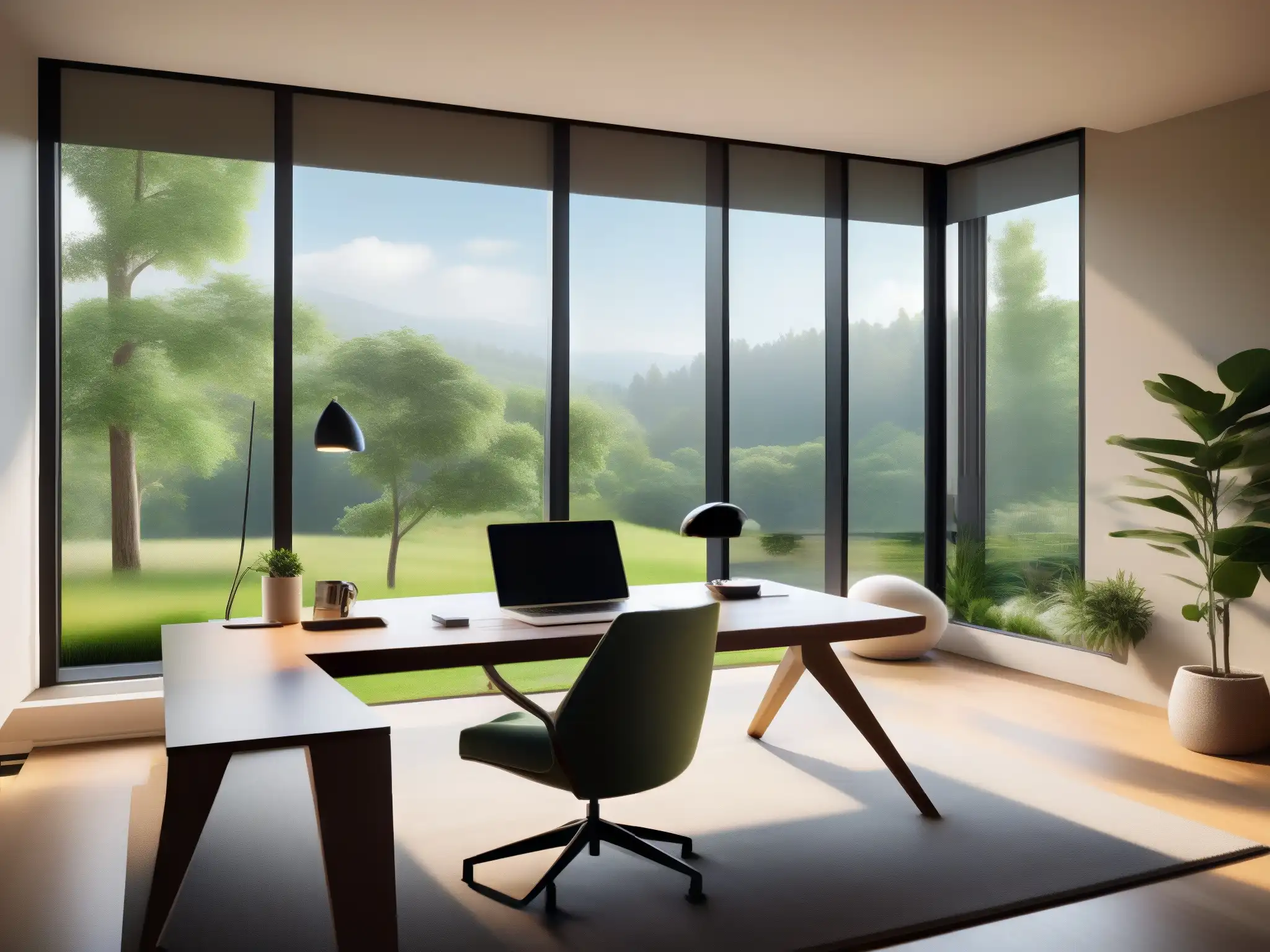 Oficina en casa ecológica y moderna con vistas verdes Espacio de trabajo sostenible con videoconferencias profesionales en un entorno natural y minimalista