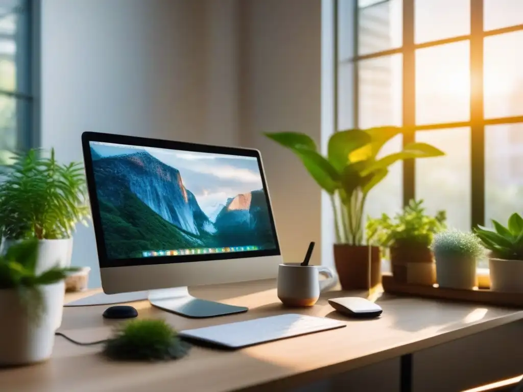 Espacio de trabajo tranquilo y natural con videoconferencia Espacio de trabajo tranquilo y acogedor con plantas, difusor de aceites esenciales y videoconferencia, ideal para evitar el agotamiento en videoconferencias profesionales