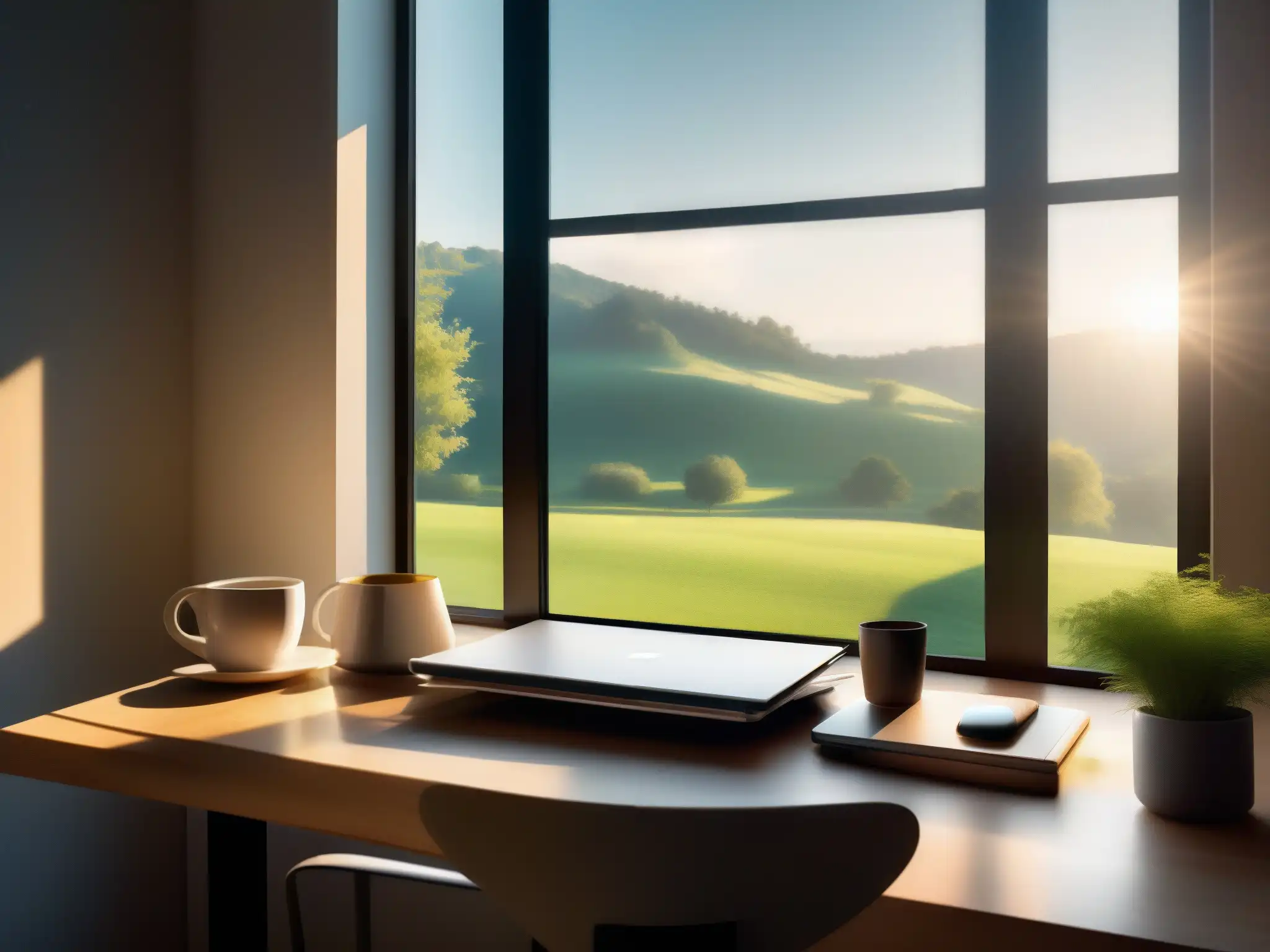 Espacio de trabajo sereno: desconexión virtual y tranquilidad Espacio de trabajo tranquilo con ventana panorámica y elementos minimalistas para desconectarte de videoconferencias trabajo