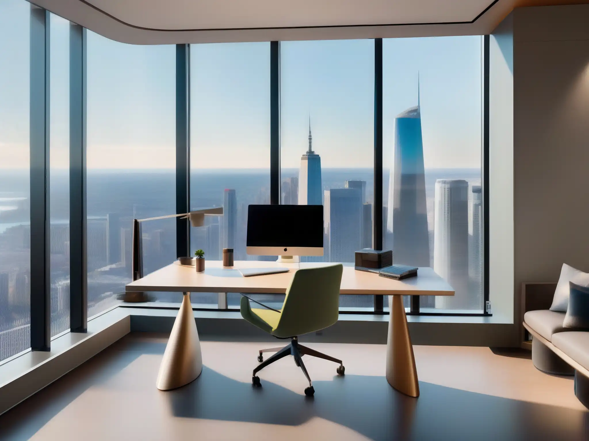 Espacio de trabajo virtual moderno y luminoso con vistas a la ciudad Un espacio de trabajo virtual moderno con herramientas de videoconferencia para productividad, minimalista y luminoso con vistas a la ciudad