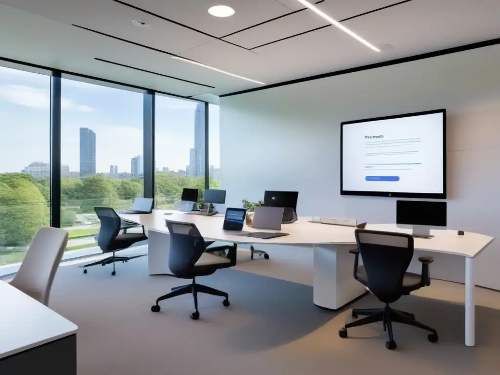Oficina virtual moderna y dinámica con equipo diverso en videoconferencia Un espacio de trabajo virtual moderno y elegante con herramientas de videoconferencia para productividad