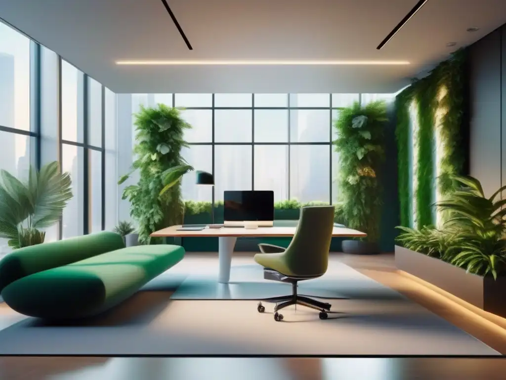 Oficina virtual ultramoderna: ambiente productivo y acogedor Espacio de trabajo virtual ultramoderno con mobiliario minimalista, ventanales amplios, pantalla de videoconferencia y decoración elegante