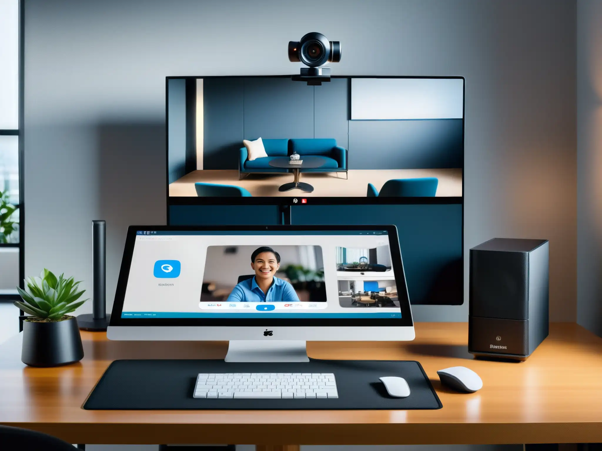 Setup profesional para videoconferencias Espacio de videoconferencia con equipo profesional para grabación, destacando la importancia de opciones de grabación en videoconferencia
