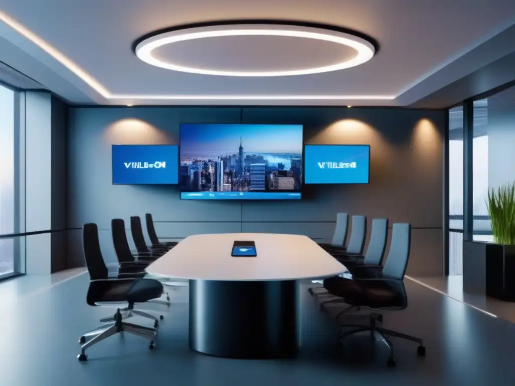 Sala de videoconferencias futurista con asistentes virtuales integrados Espacio de videoconferencia futurista con asistentes virtuales integrados, tecnología de vanguardia y sinergia en plataformas
