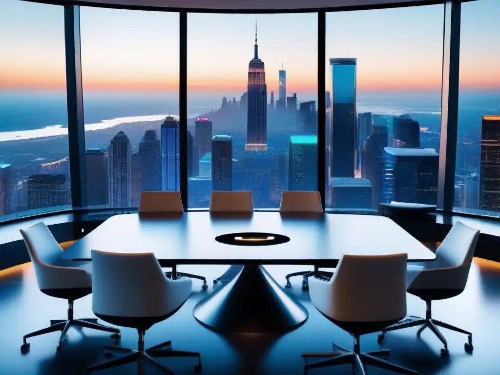 Oficina de videoconferencias futurista con vista urbana Espacio de videoconferencia futurista con plataformas de videoconferencia escalabilidad, diseño minimalista y vistas urbanas impresionantes