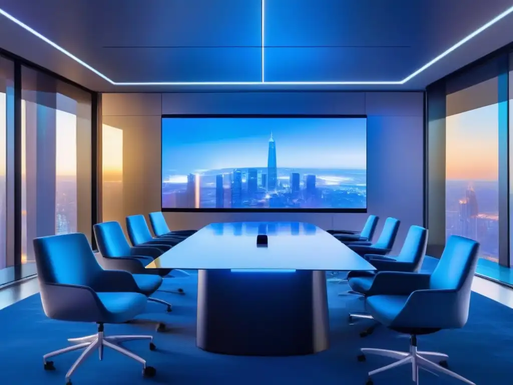 Sala de videoconferencias futurista con hologramas y vistas urbanas Espacio de videoconferencia futurista con tecnología de vanguardia y vista panorámica de la ciudad