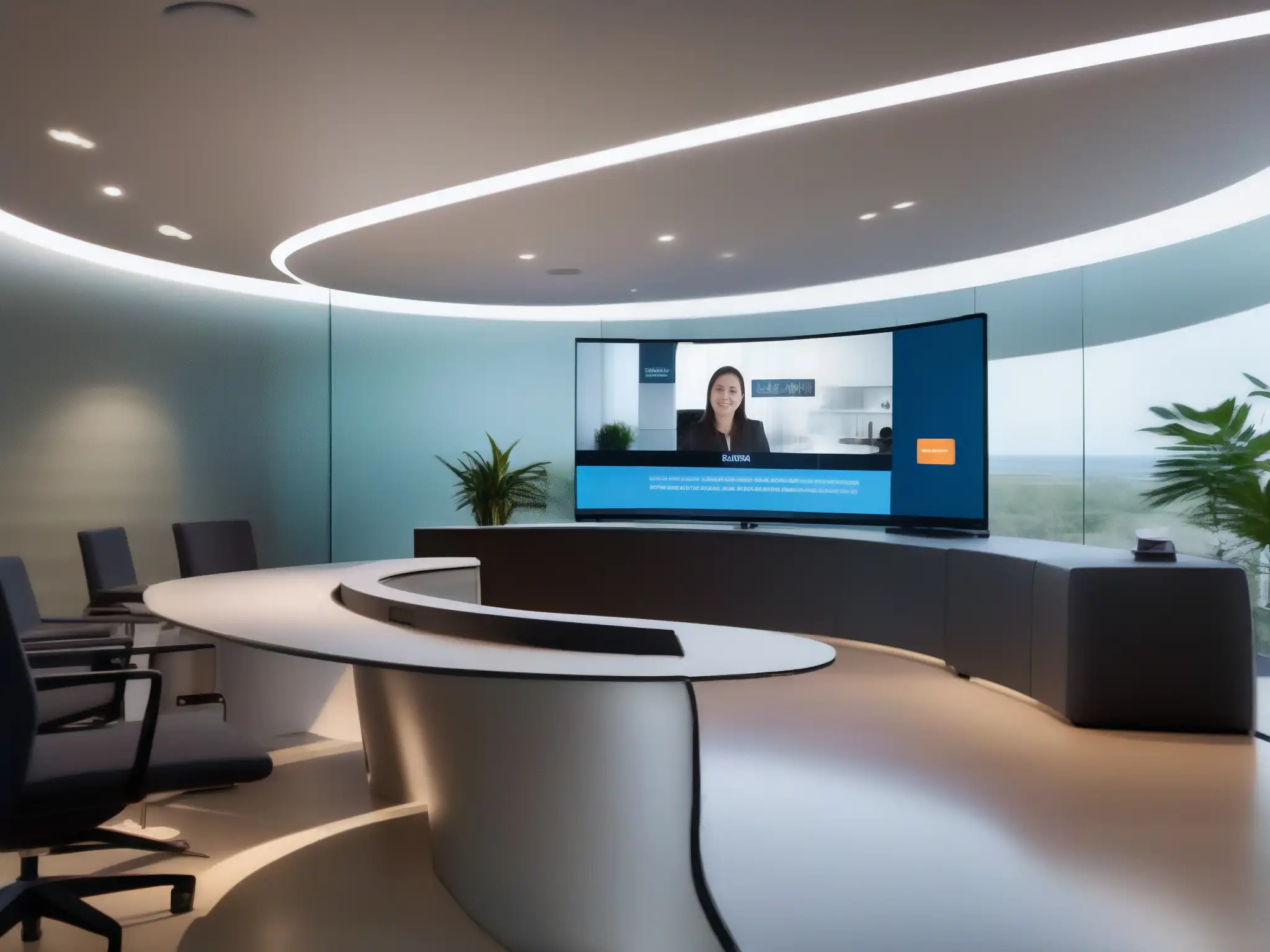 Sala de videoconferencias futurista: colaboración eficiente Espacio de videoconferencia futurista con tecnología avanzada y ambiente colaborativo