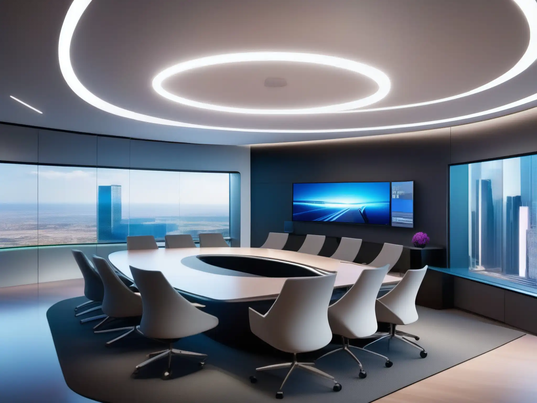 Sala de videoconferencias futurista y profesional Espacio de videoconferencia futurista con tecnología avanzada y diseño minimalista, ideal para plataformas de videoconferencia escalables