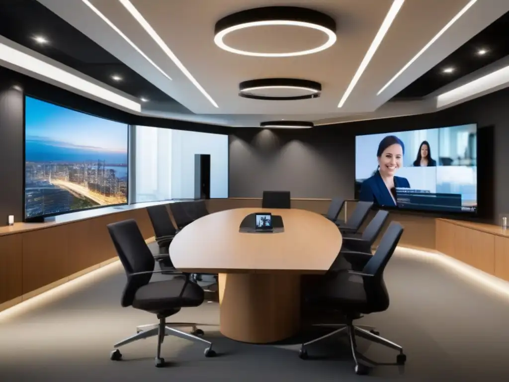 Sala de videoconferencias moderna con participantes comprometidos Espacio de videoconferencia moderno y elegante con tecnología de vanguardia y participantes comprometidos, destacando la escalabilidad de plataformas de videoconferencia en entornos corporativos