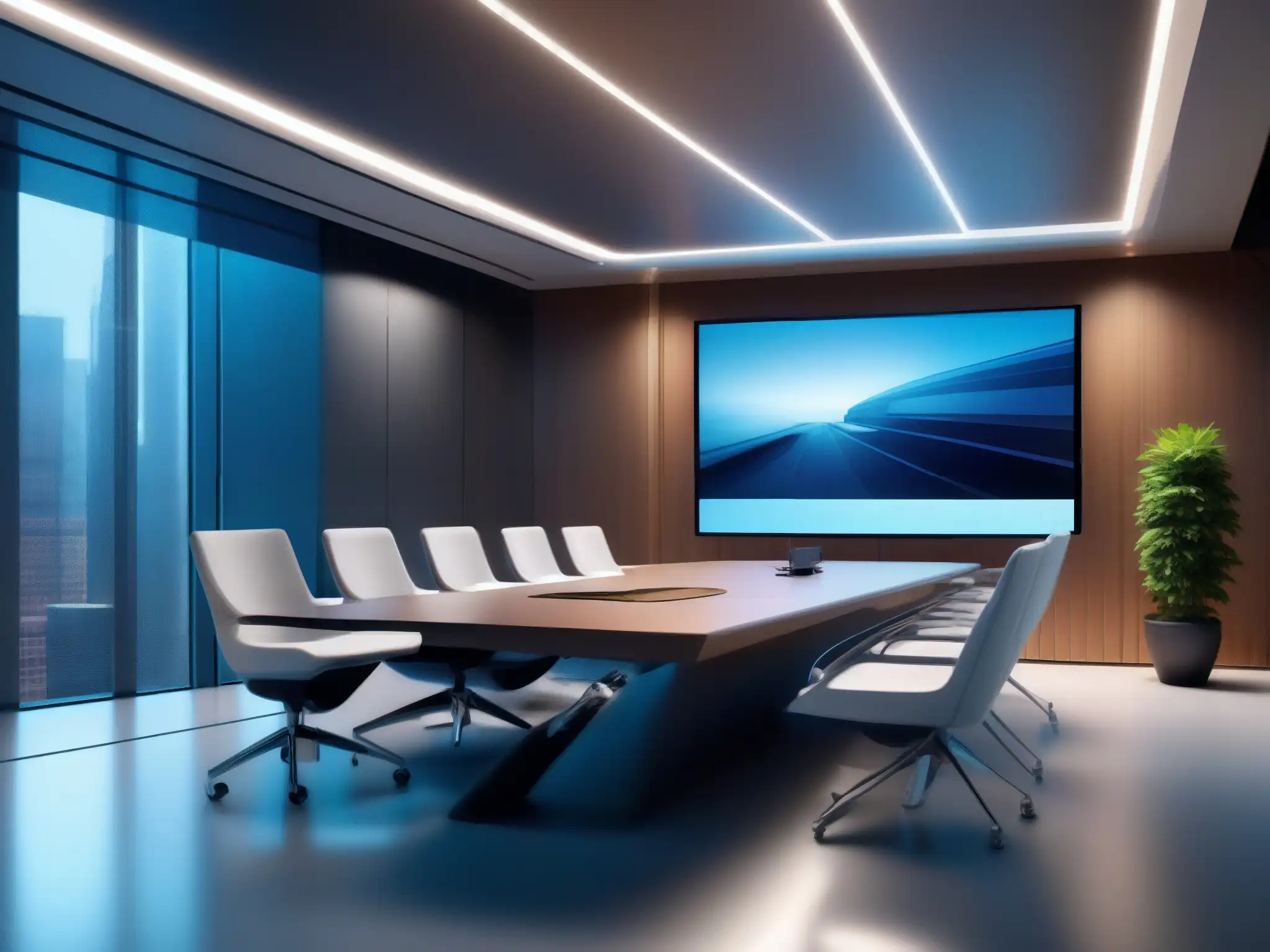 Sala de videoconferencias futurista de alta resolución Espacio de videoconferencia profesional con herramientas de alta calidad, diseño minimalista y atmósfera pulida
