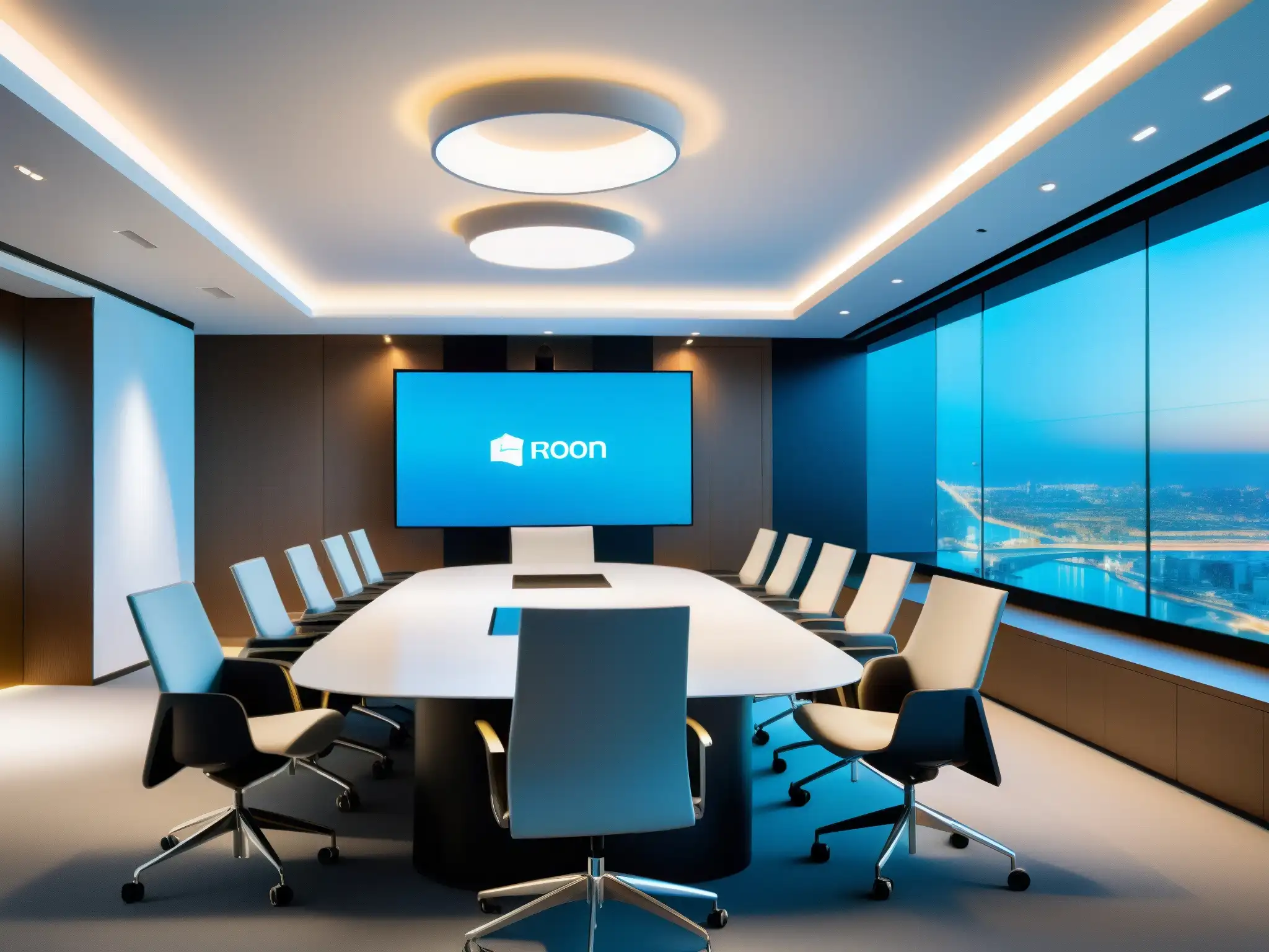 Sala de videoconferencias futurista y profesional Espacio de videoconferencia para startups: ambiente innovador y profesional con equipos de vanguardia y diseño futurista