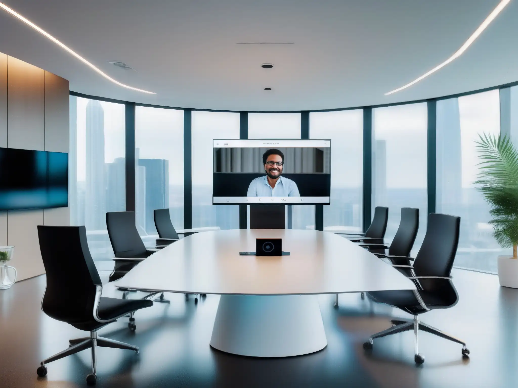 Oficina minimalista con videoconferencia de alta tecnología Espacio de videoconferencia ultramoderno en una oficina minimalista, iluminado por luz natural