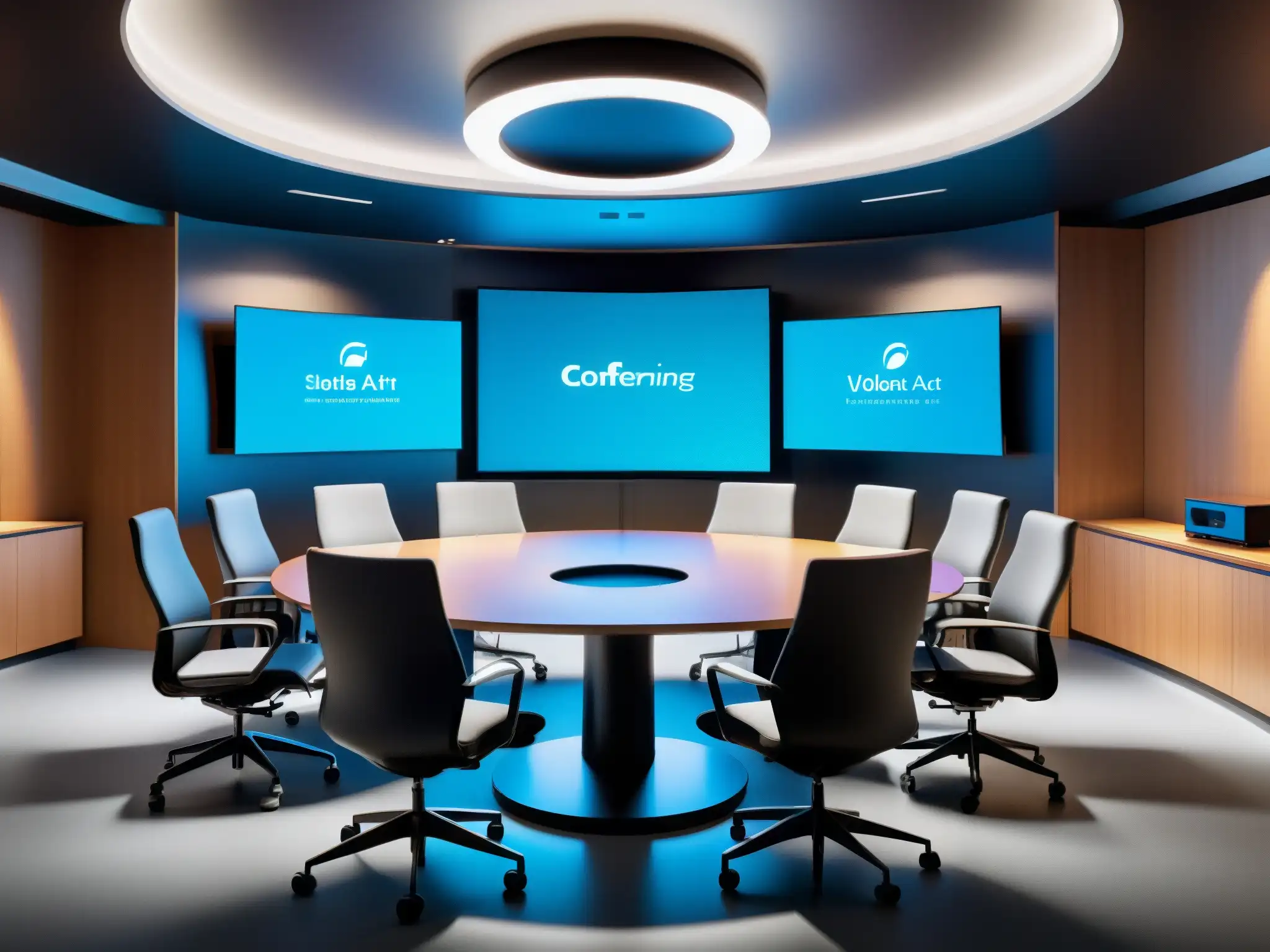 Sala de videoconferencias de vanguardia: eficiencia e innovación Espacio de videoconferencia de vanguardia con iluminación ambiental suave y profesionales en reunión