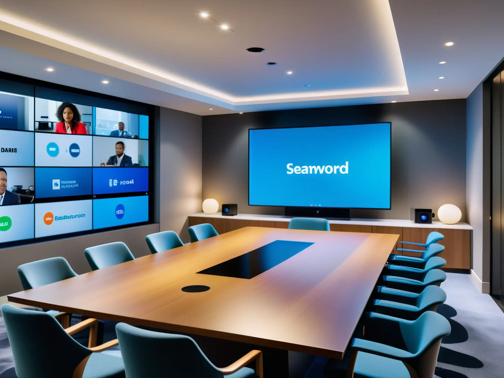 Sala de videoconferencias de alta tecnología con IA integrada Espacio de videoconferencias corporativas con tecnología AI integrada, ambiente profesional y vanguardista