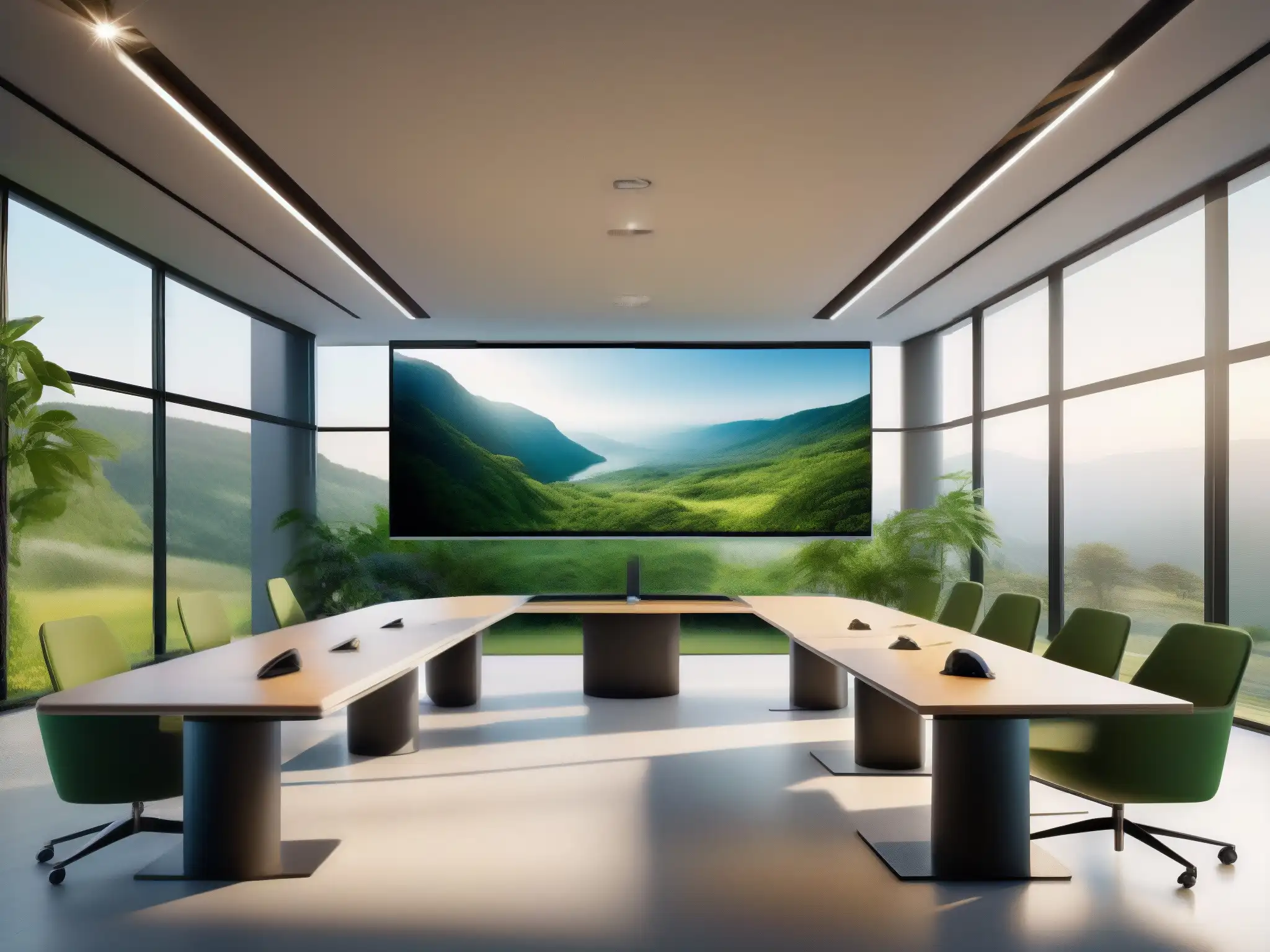 Sala de videoconferencias ecoamigable y serena con vistas naturales Espacio de videoconferencias ecoamigable con pantallas LED de bajo consumo energético y decoración minimalista