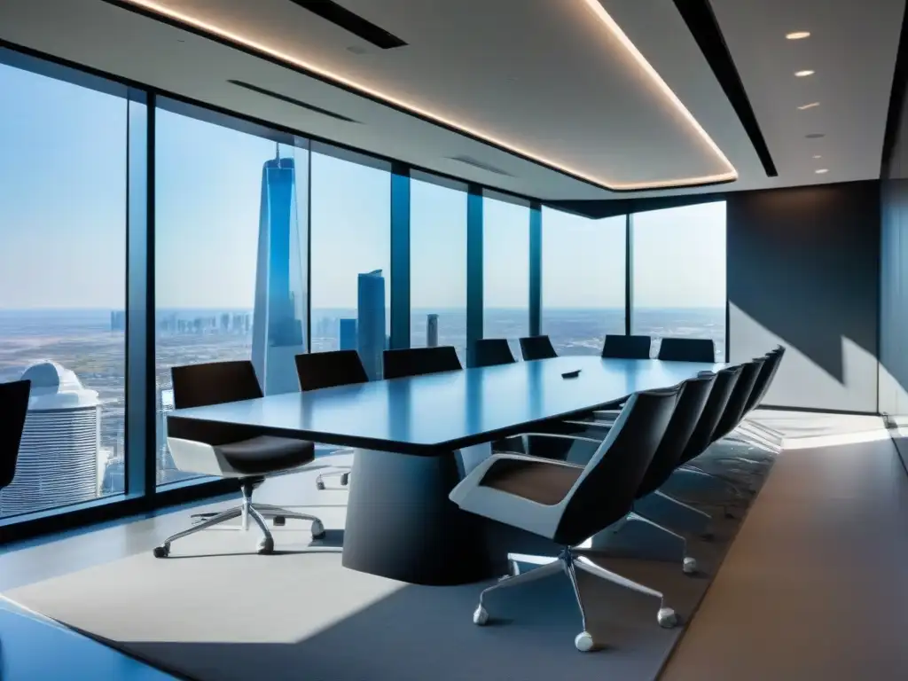 Sala de juntas futurista con videoconferencia de alta definición Espacio de videoconferencias postpandemia adaptación empresas con atmósfera innovadora y productiva en sala futurista con vistas a la ciudad