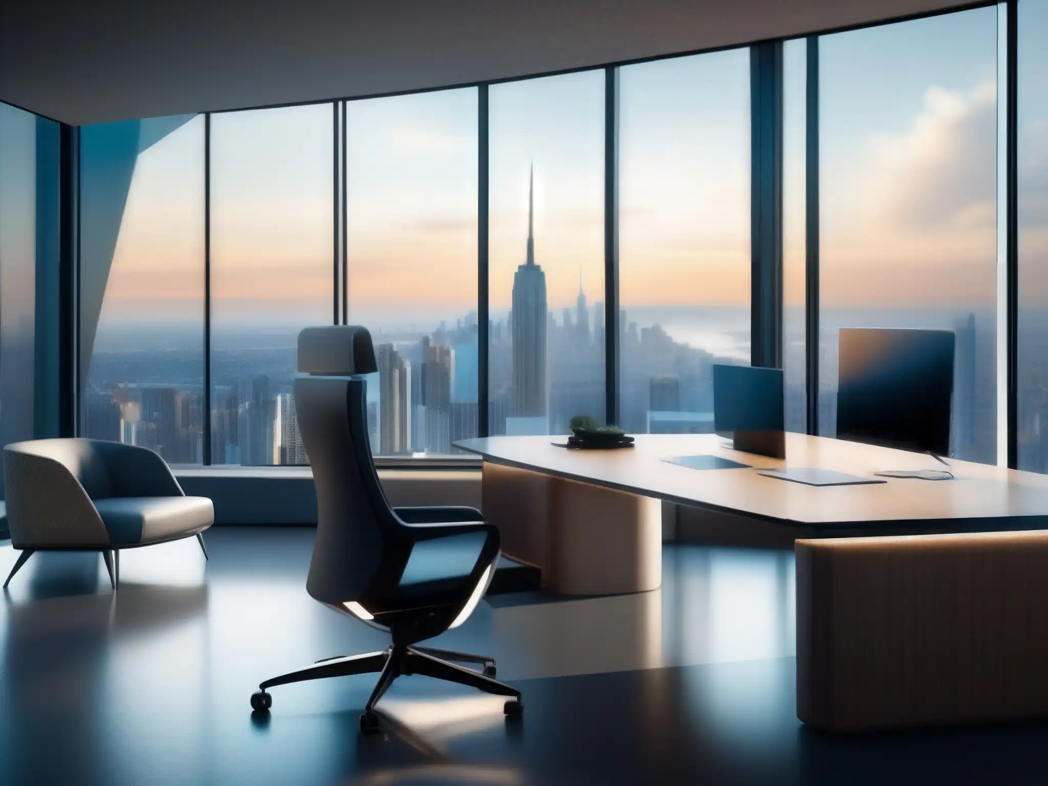 Sala de videoconferencias futurista con vistas impresionantes Espacio de videoconferencias futurista con equipo de vanguardia y vista a la ciudad