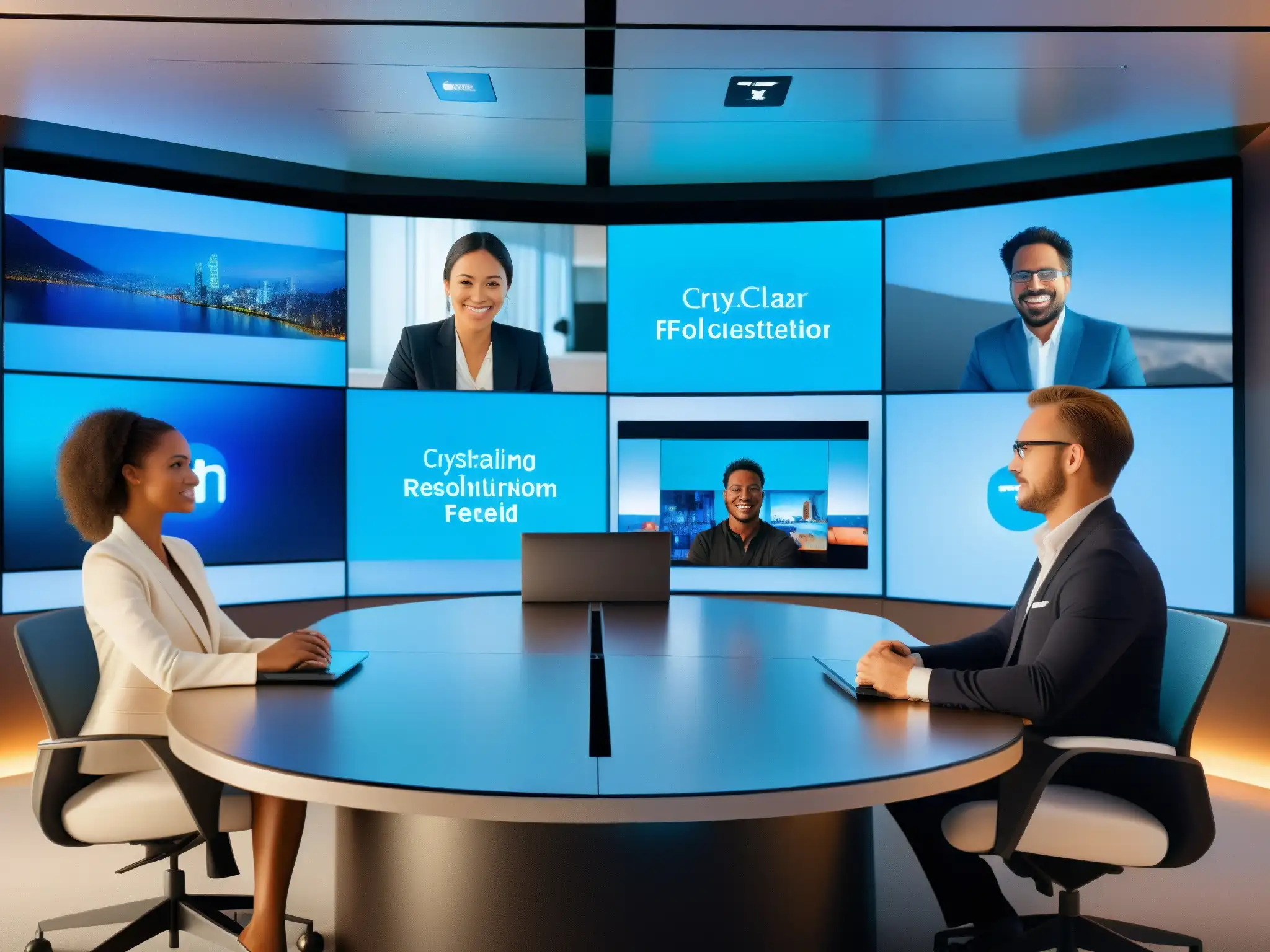 Conferencia 8K: Futurismo y Productividad Un espacio de videoconferencias futurista con resolución 8K, satisfaciendo necesidades de comunicación profesional