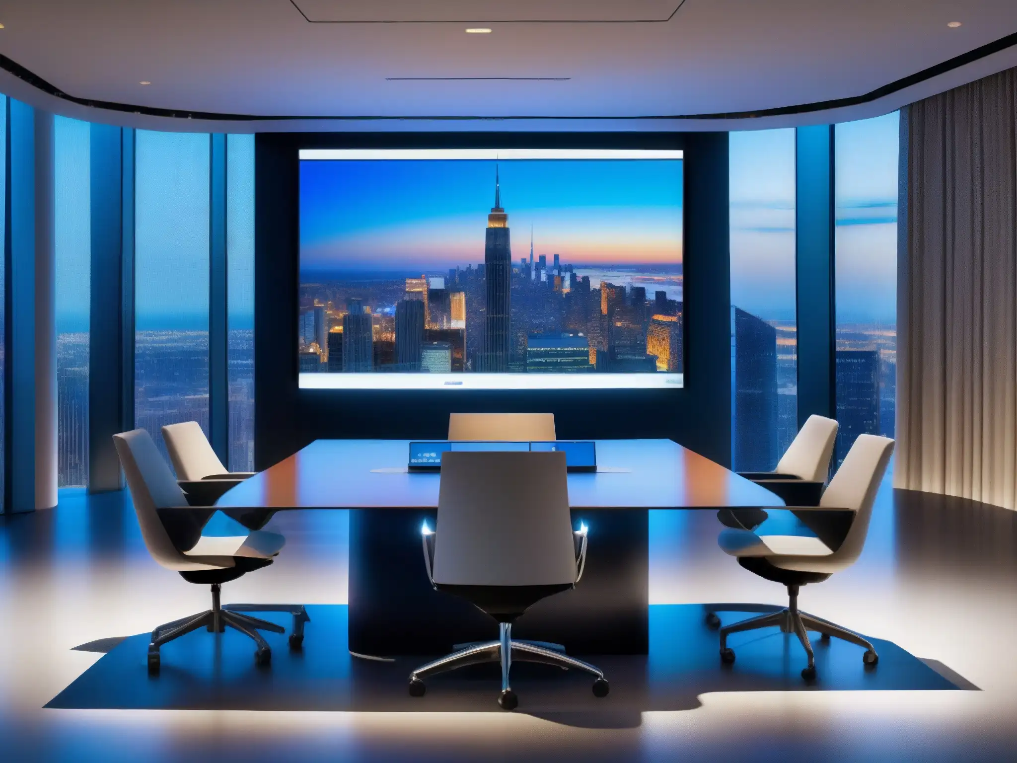 Sala de videoconferencias futurista con IA: 8K Espacio de videoconferencias inteligentes con IA, diseño futurista y vista panorámica de la ciudad a través de ventanas de piso a techo