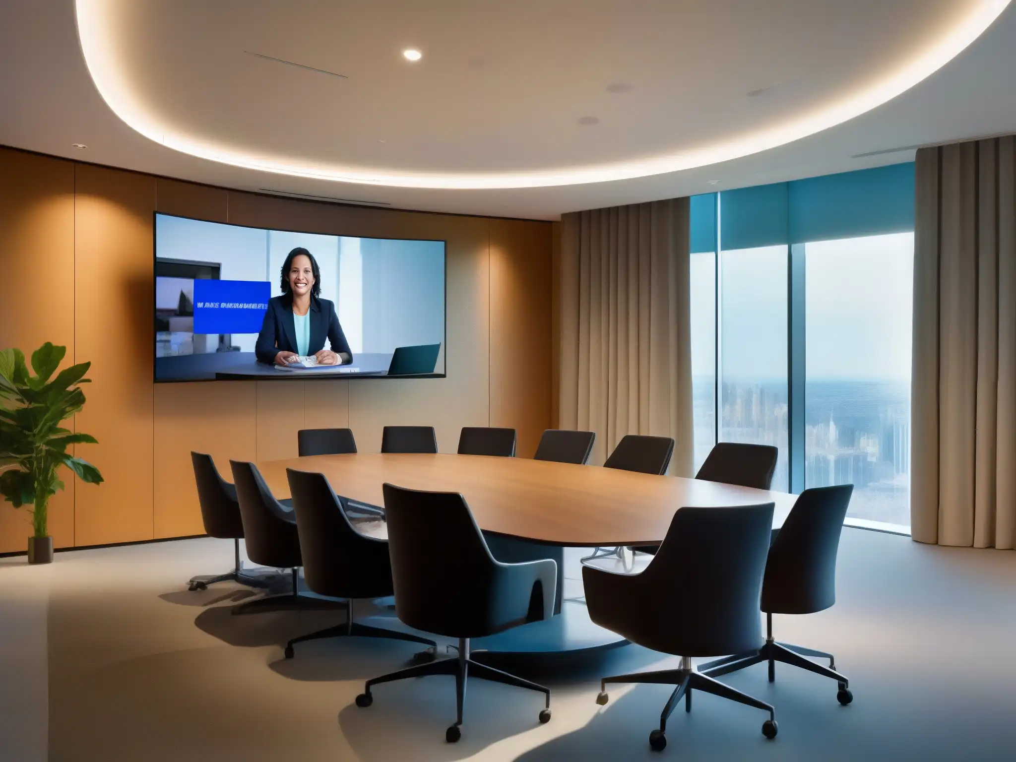 Sala de videoconferencias moderna y elegante con llamada de alta definición en pantalla curva Un espacio de videoconferencias moderno y elegante con tecnología de última generación