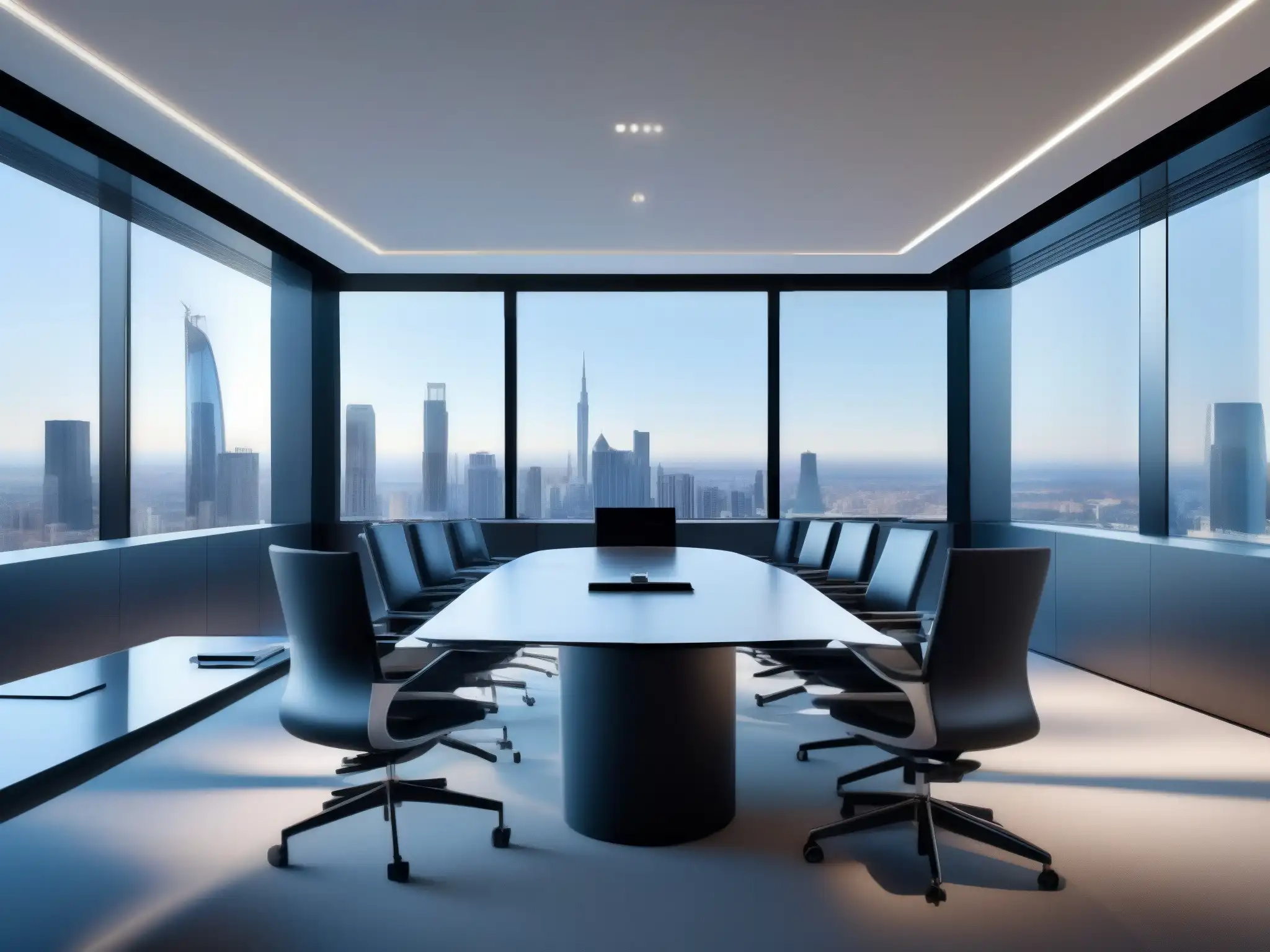 Sala de videoconferencias moderna con vistas a la ciudad Espacio de videoconferencias moderno y elegante con equipamiento de última tecnología, bañado en luz natural y con vista a la ciudad