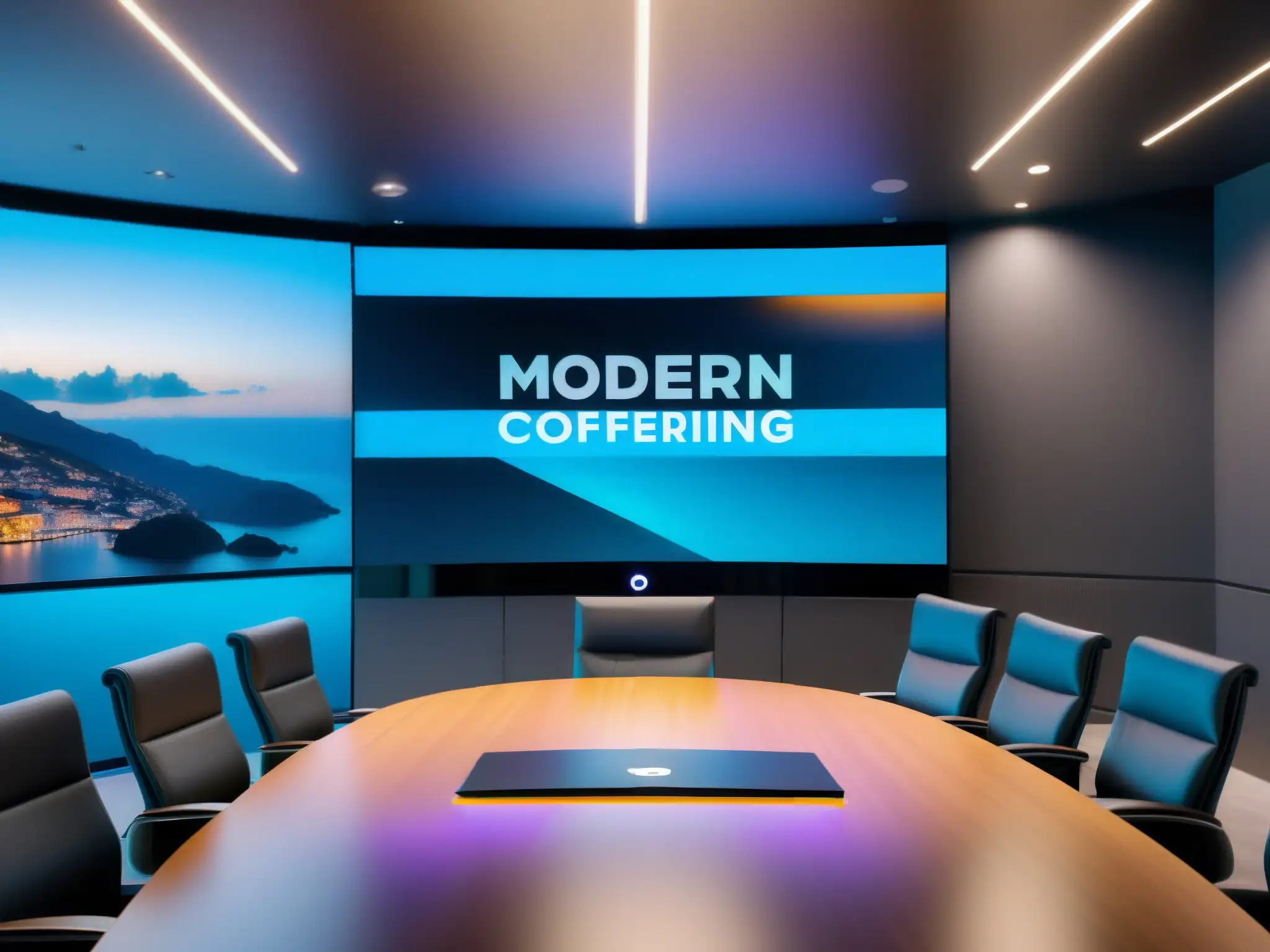Setup de Videoconferencia Profesional en Alta Definición 8k Un espacio de videoconferencias moderno y profesional con equipos de vanguardia