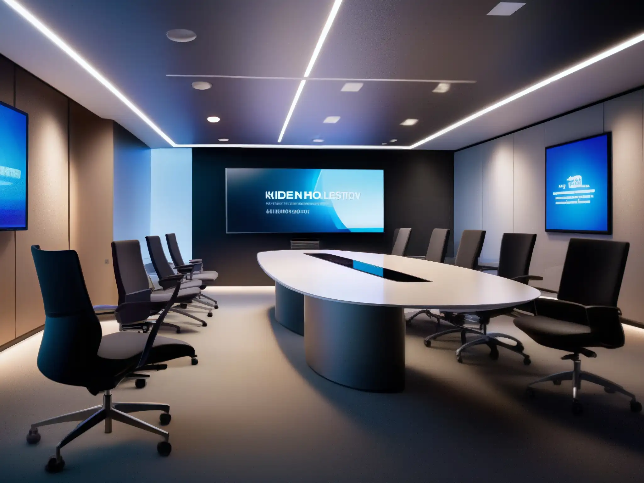 Sala de videoconferencias moderna con colaboración eficiente Espacio de videoconferencias moderno y profesional para gestión de proyectos, con tecnología de vanguardia y ambiente acogedor