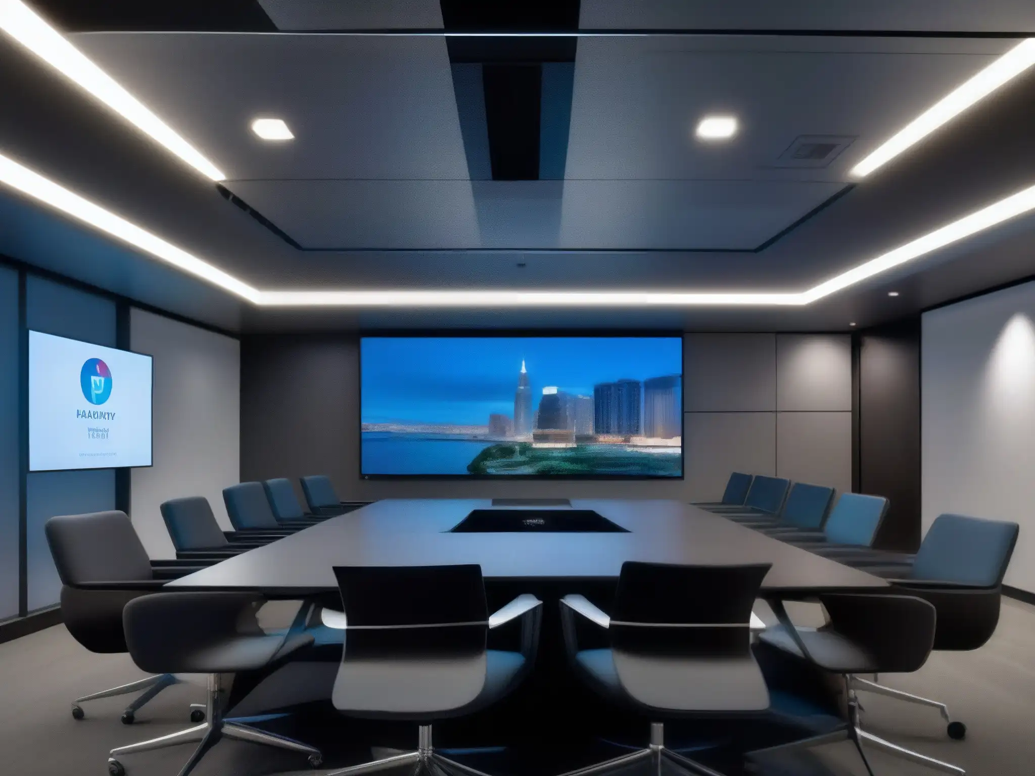 “Sala de videoconferencias de alta tecnología para startups” Espacio de videoconferencias moderno y sofisticado, ideal para inversores en startups de videoconferencia