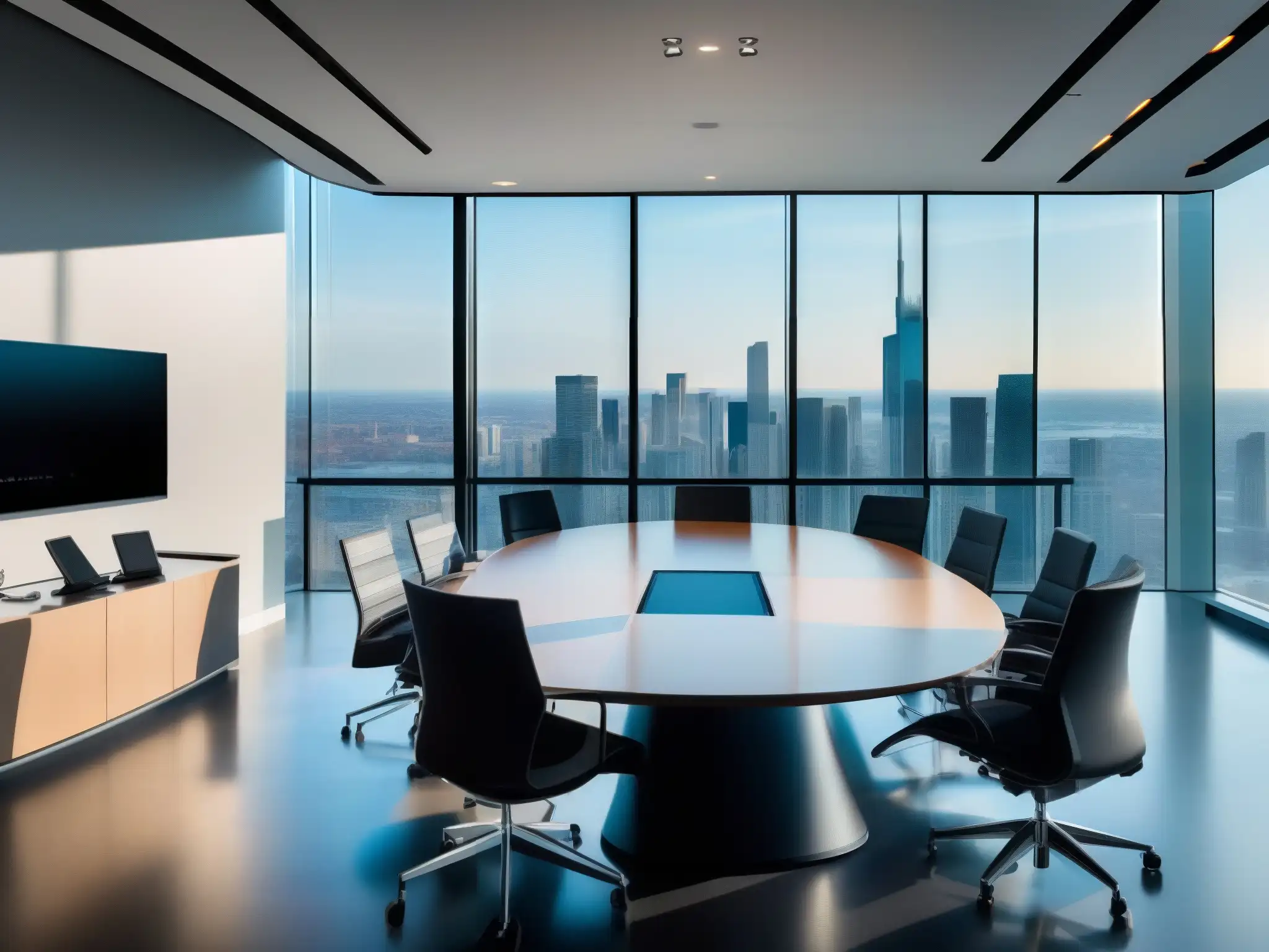 Sala de conferencias ultramoderna con vista panorámica Espacio de videoconferencias moderno con tecnología de vanguardia y vistas a la ciudad
