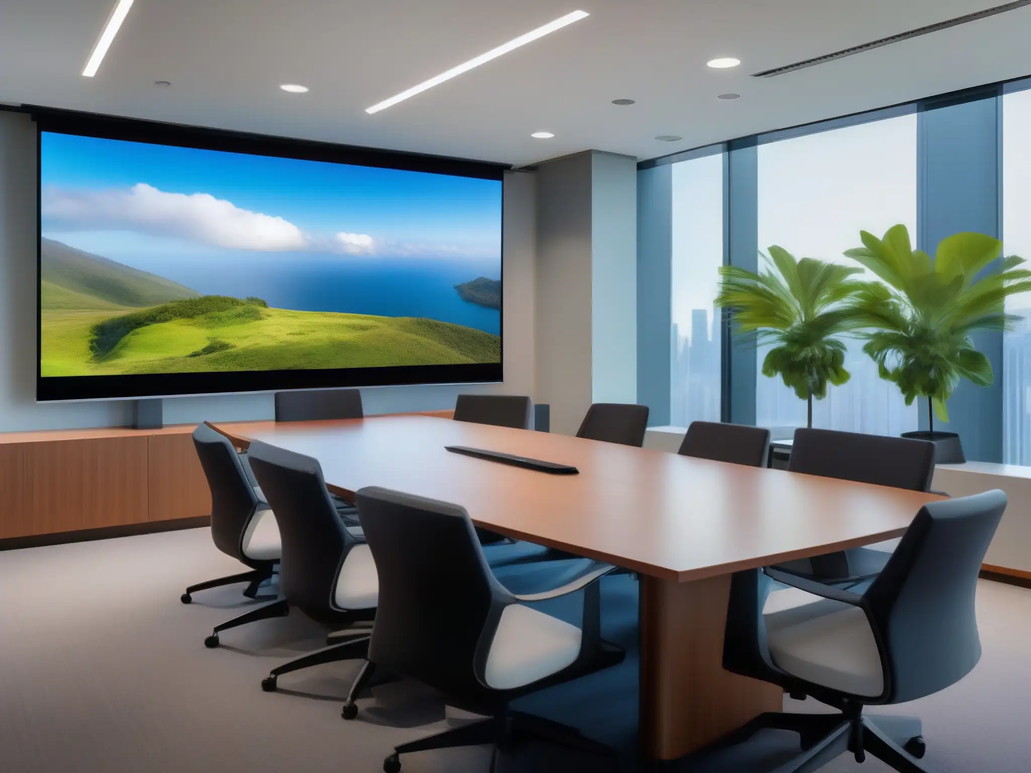 Sala de conferencias con tecnología AI para videoconferencias profesionales Espacio de videoconferencias profesional con reducción de ruido de fondo AI, mobiliario moderno y participantes comprometidos