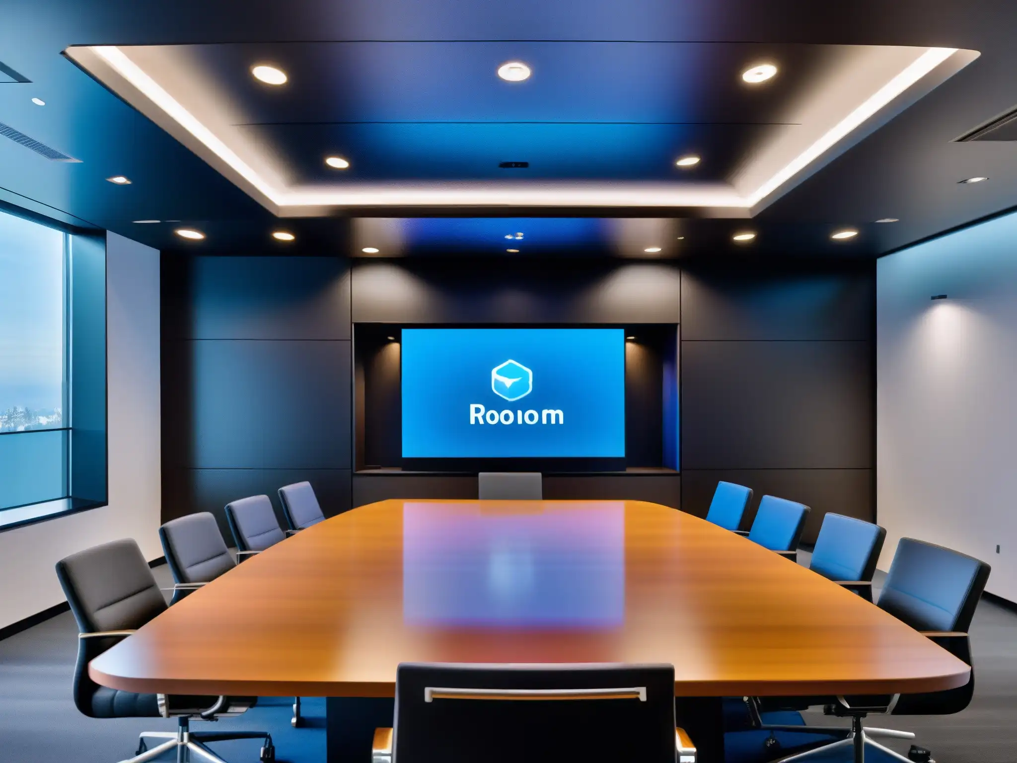 Sala de videoconferencias automatizada de alta tecnología Espacio para videoconferencias profesionales con tecnología de automatización avanzada y ambiente minimalista