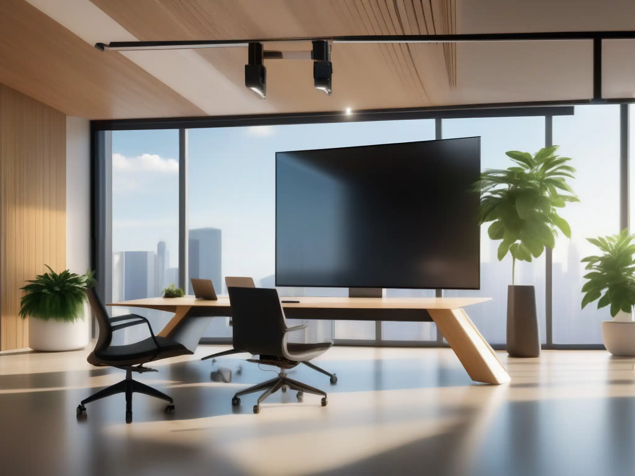 Videollamada ecoamigable en oficina moderna Un espacio de videoconferencias sostenibles con impacto ambiental, integrando tecnología moderna en una oficina ecológica iluminada por el sol