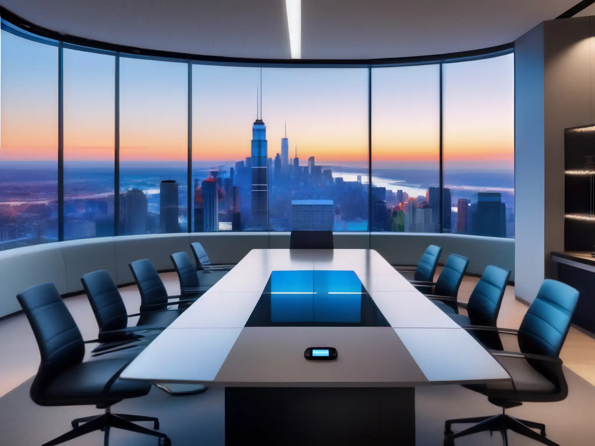 Sala de videoconferencias futurista con vista panorámica Espacio de videoconferencias ultramoderno en oficina minimalista