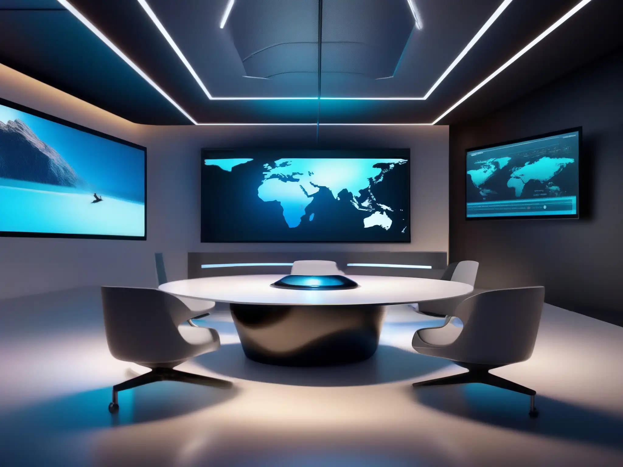 Sala de videoconferencias virtual: innovación y sofisticación holográfica Espacio virtual de conferencias con tecnología innovadora y técnicas creativas para enganchar audiencia en ambiente profesional y sofisticado