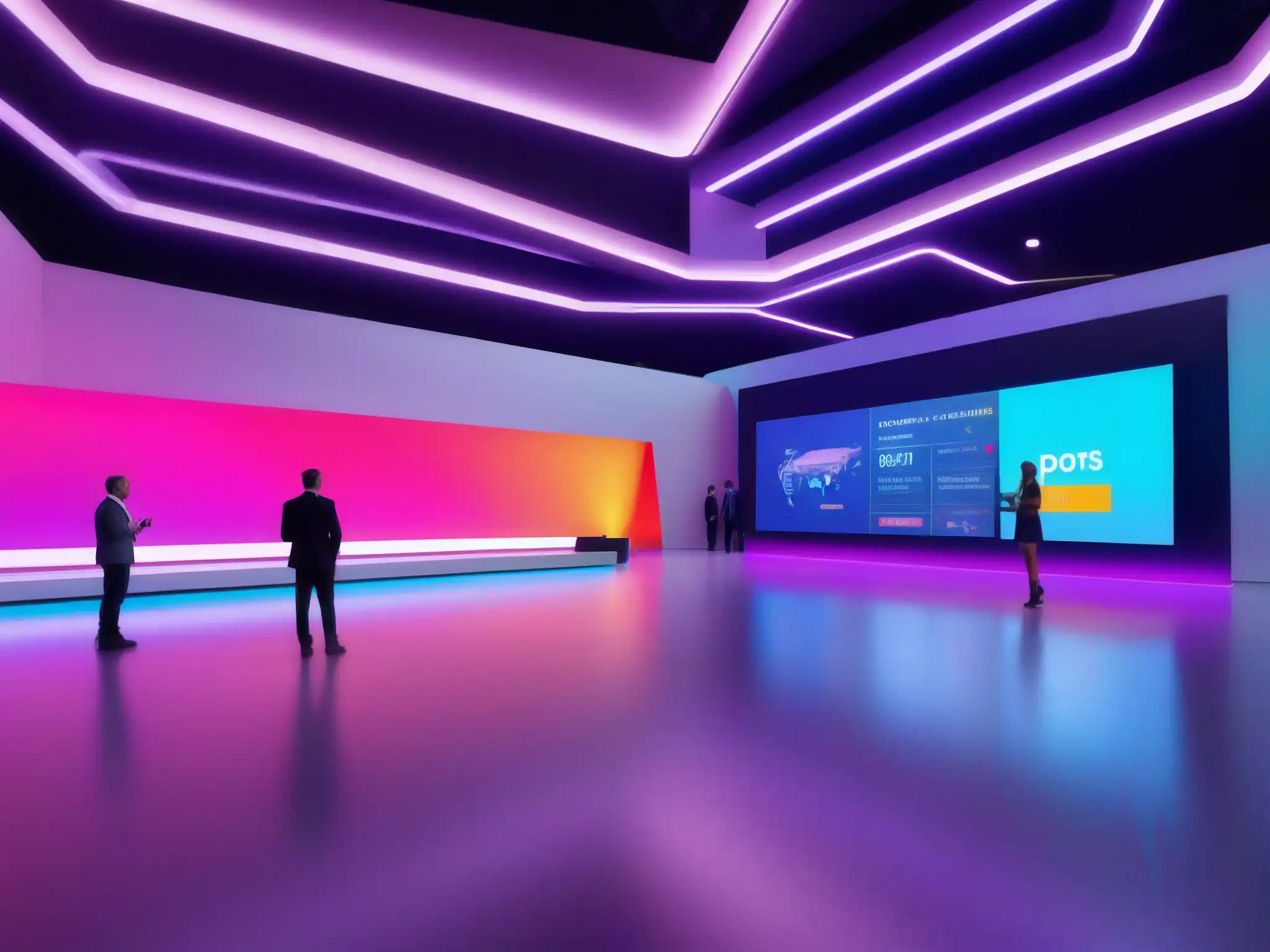 Espacio virtual futurista con moderación de contenido AI en acción Espacio virtual futurista con hologramas y moderación de contenido con inteligencia artificial en videoconferencias
