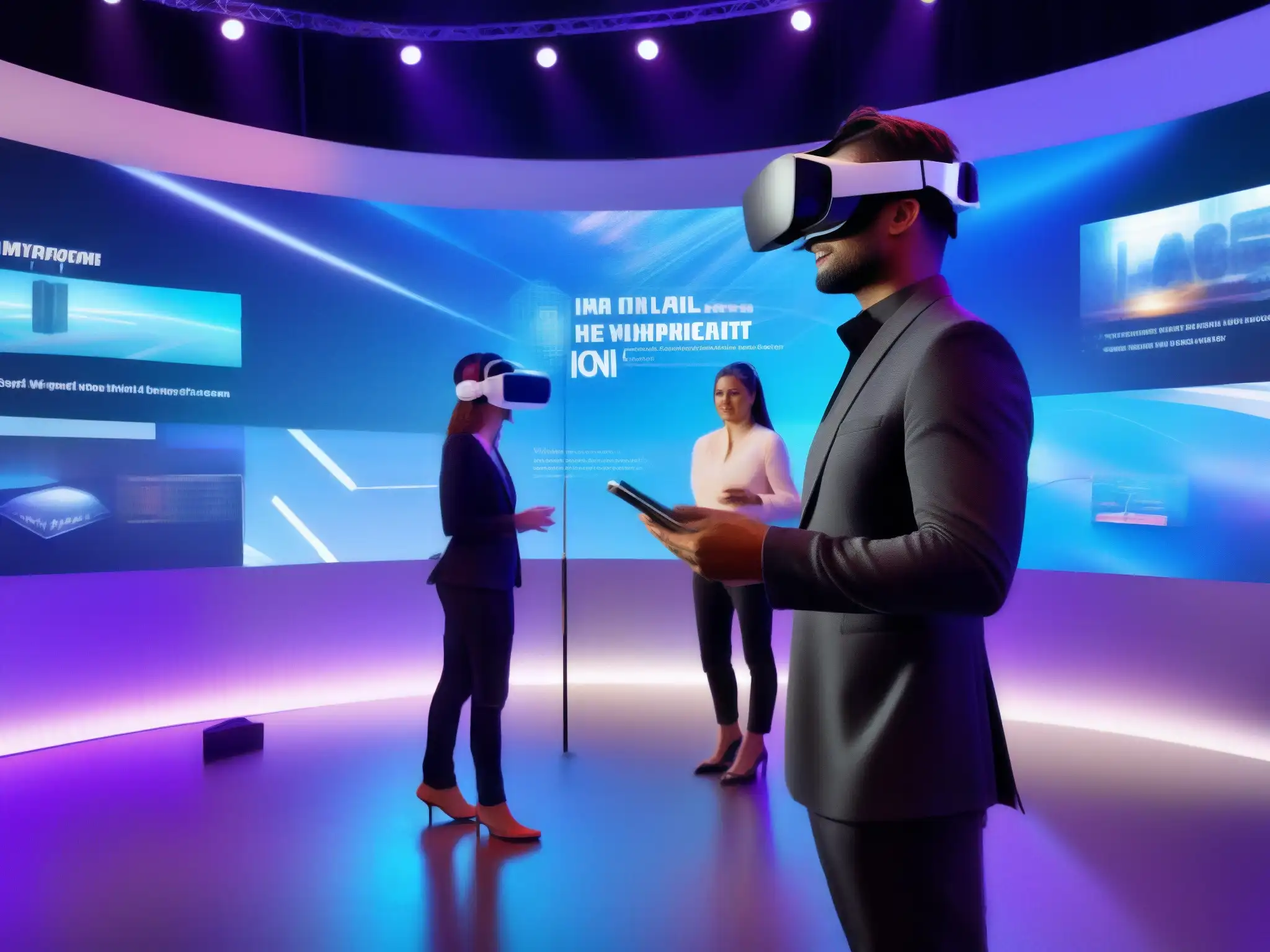 Espacio virtual futurista con tecnología AI en acción Espacio virtual futurista con integración de IA para eventos virtuales, asistentes interactúan con hologramas y datos en el aire