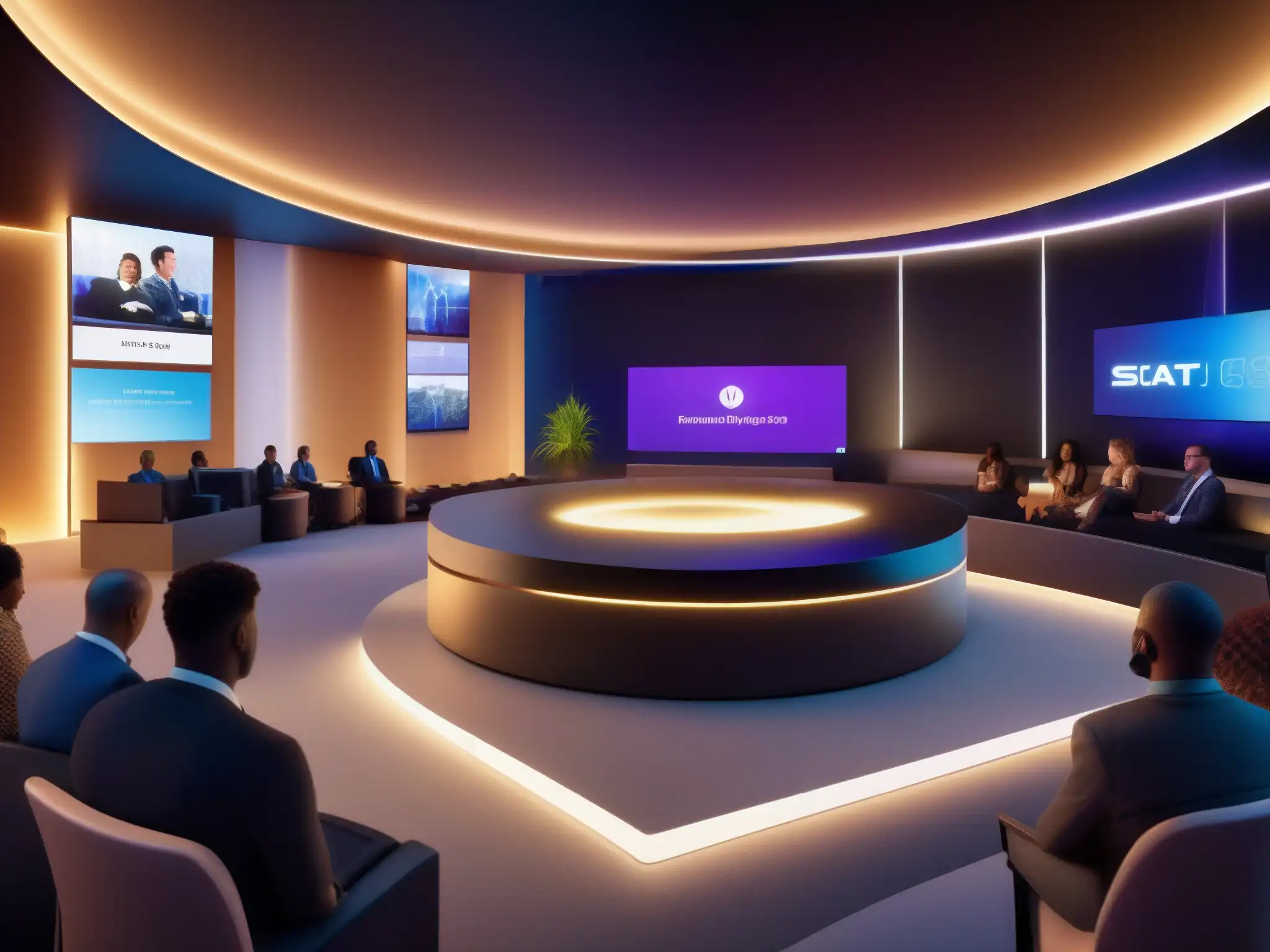 Espacio de evento virtual futurista y acogedor con avatares digitales Espacio virtual con integración de IA para eventos virtuales, uniendo tecnología futurista y diseño cálido, con avatares en interacción