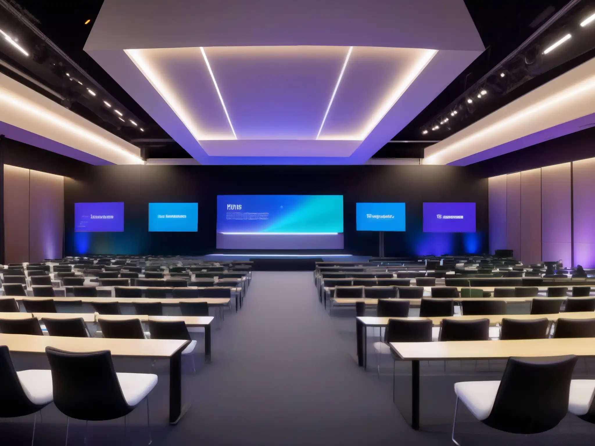 Espacio virtual de conferencias dinámicas y eficaces Espacio virtual moderno para videoconferencias, con asientos cómodos y pantallas digitales