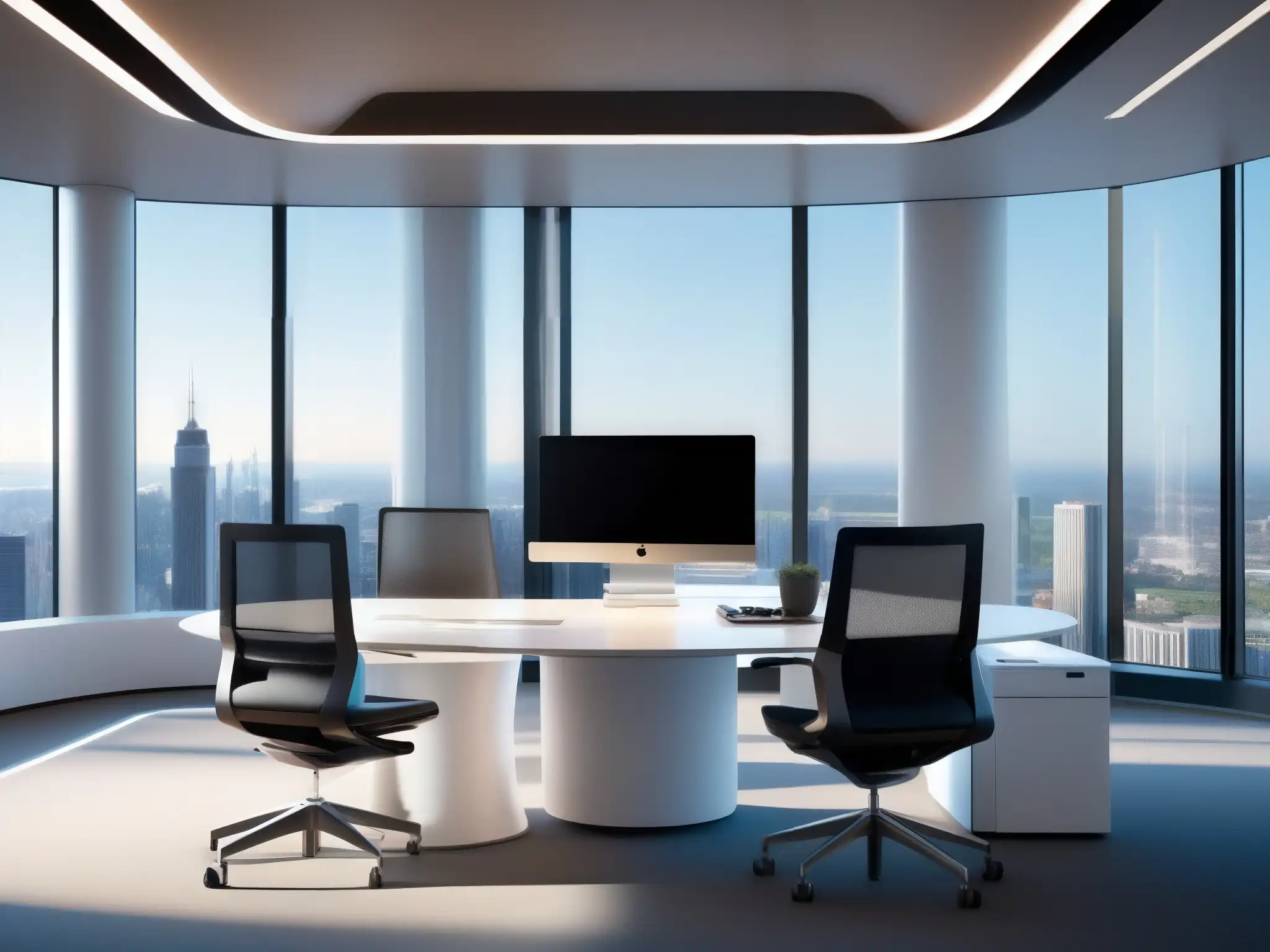 Oficina virtual ultramoderna con tecnología de vanguardia Espacio virtual ultramoderno con diseño minimalista, herramientas de videoconferencia para productividad y vista panorámica de la ciudad futurista