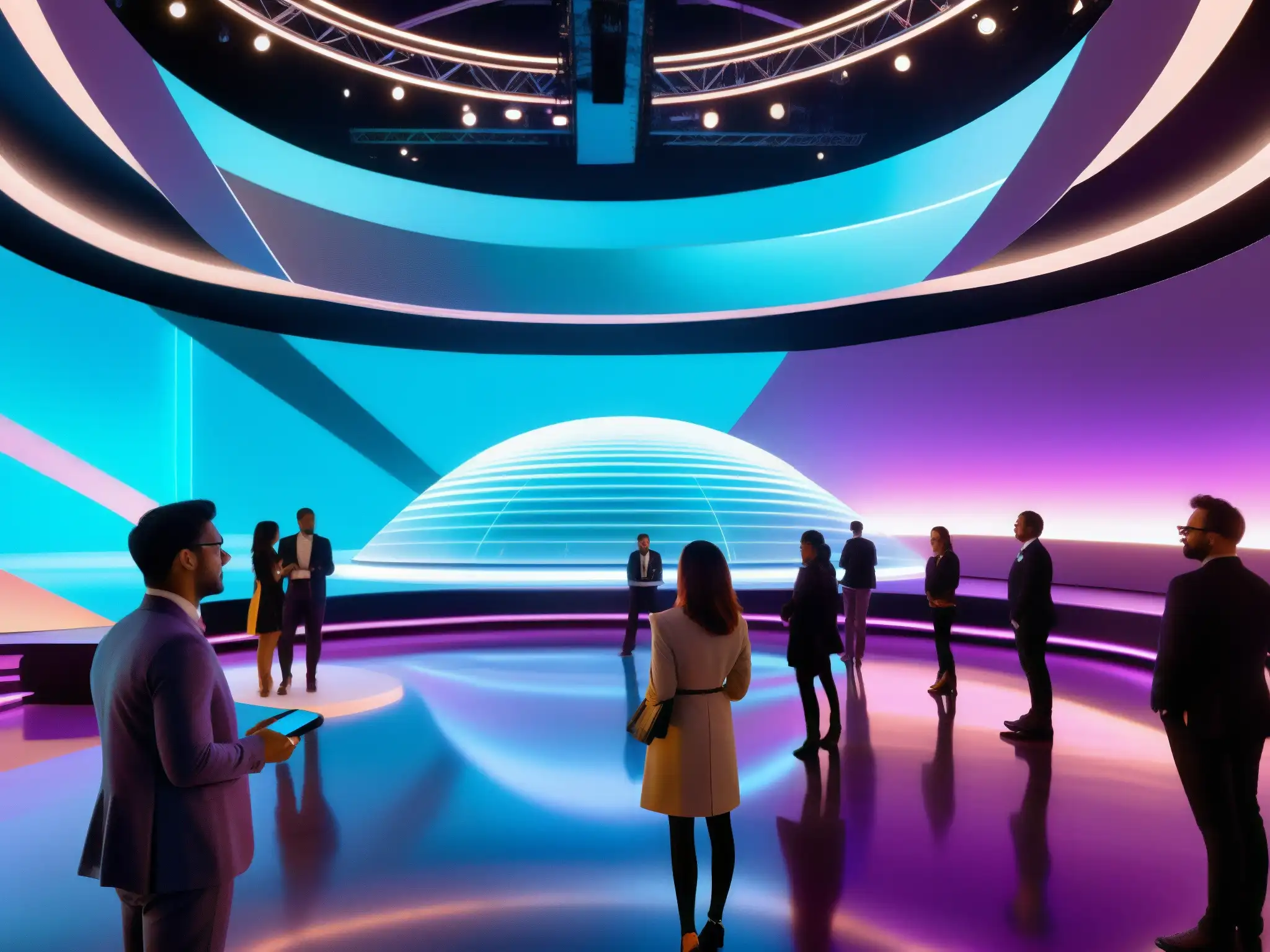 Espacio virtual futurista y vibrante con tecnología de vanguardia Un espacio virtual vibrante e innovador con integración de IA para eventos virtuales, lleno de tecnología de vanguardia y una audiencia diversa