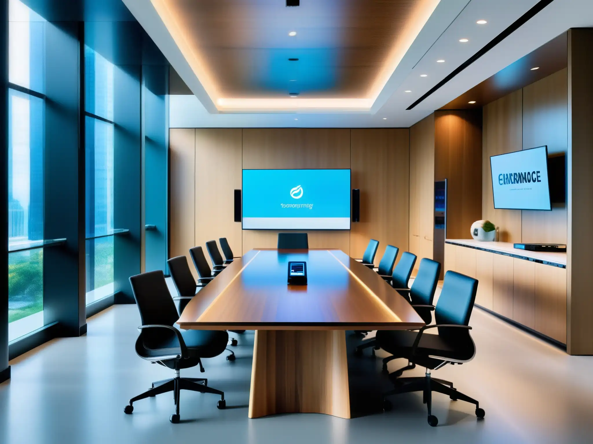 Sala de conferencias profesional y eficiente con tecnología de vanguardia Espaciosa sala de conferencias moderna con tecnología de vanguardia para tácticas para reuniones eficientes y videoconferencia