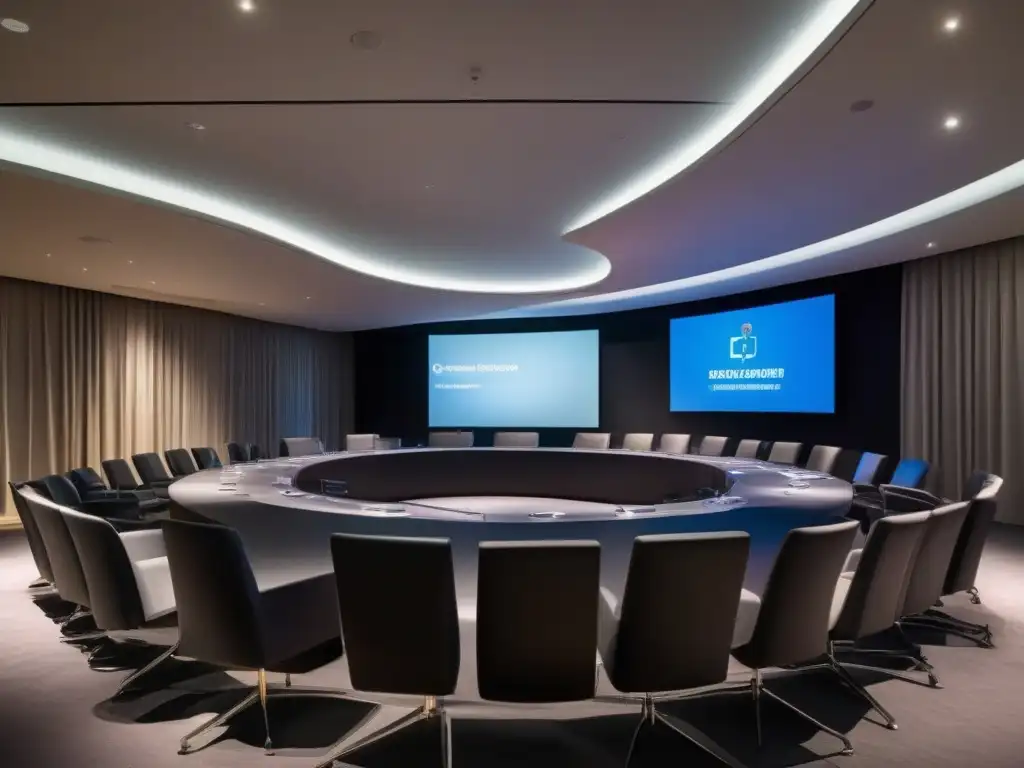 Conferencia global en sala moderna con pantalla LED curva Espaciosa sala de conferencias moderna con elegantes sillas frente a una gran pantalla LED curva mostrando una videoconferencia de alta definición