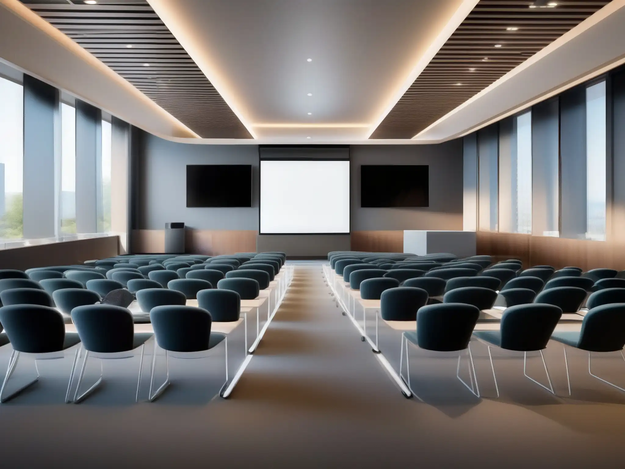 Sala de conferencias moderna y sofisticada con tecnología de vanguardia Espaciosa sala de conferencias con modernos asientos y tecnología integrada, iluminada por luz natural