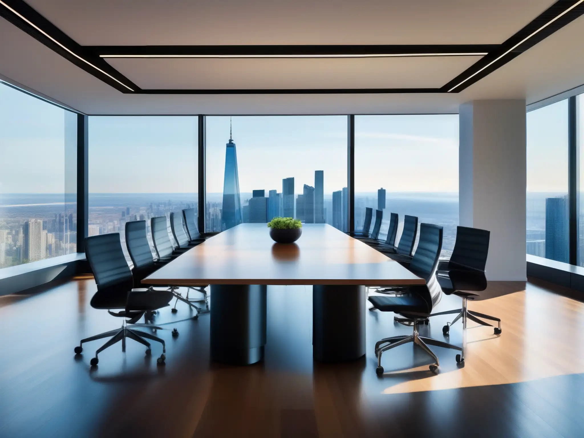 Sala de reuniones moderna con vista urbana y tecnología Join Espaciosa sala de conferencias con vista a la ciudad y equipada para la planificación de reuniones en CRM