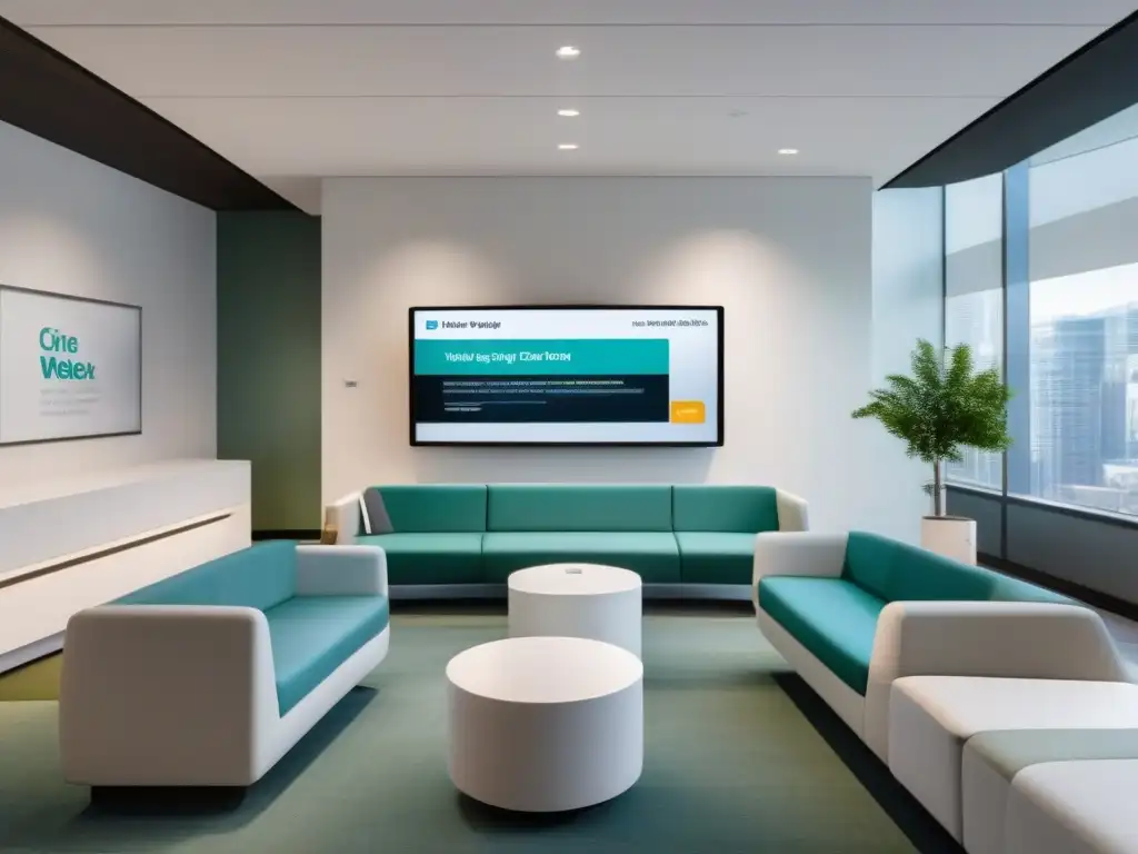 Sala de espera virtual moderna y eficiente en Cisco Webex Espaciosa sala de espera virtual con mobiliario blanco elegante, luz natural y anuncios digitales