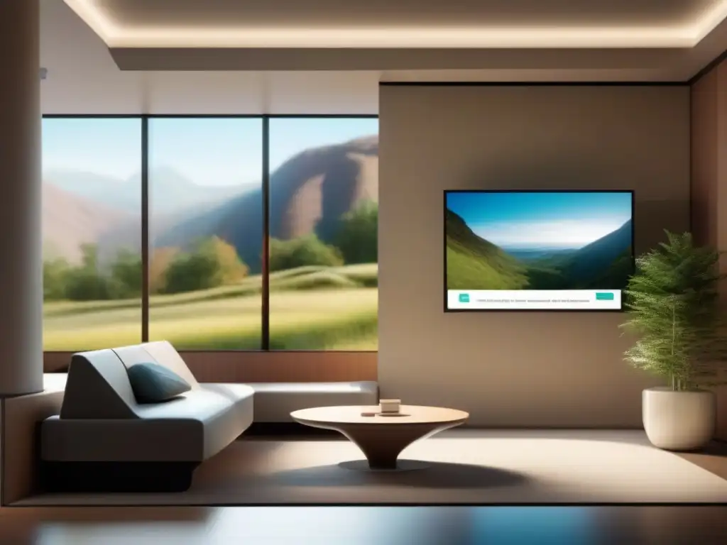 Espera virtual relajante con diseño minimalista Espaciosa sala de espera virtual con diseño minimalista, iluminación ambiental suave y vistas a un paisaje natural