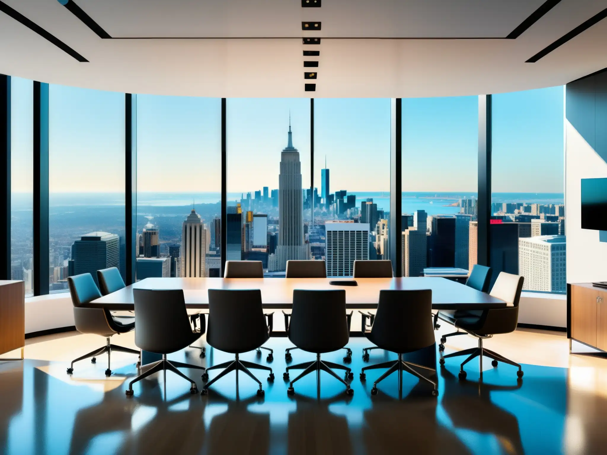Oficina contemporánea con vista panorámica: sala de conferencias 8K Espaciosa sala de juntas con diseño moderno y equipo de videoconferencia de vanguardia