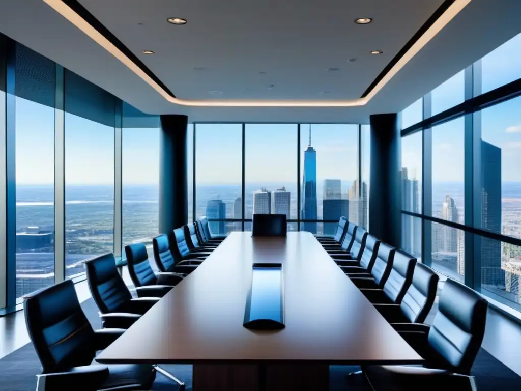 Sala de juntas ejecutiva moderna con vista a la ciudad Espaciosa sala de juntas ejecutiva con equipo de videoconferencia 8x8 para formación ejecutiva, diseño moderno y vistas panorámicas de la ciudad
